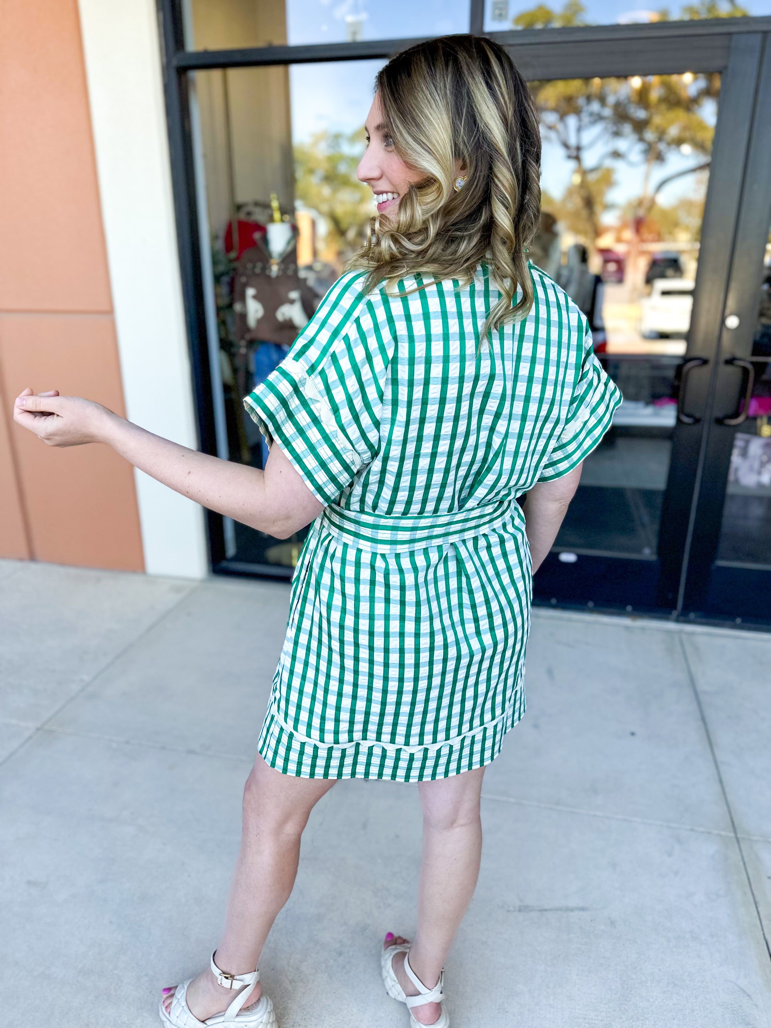 THML - Kelly Green Gingham Mini Dress-510 Mini-THML-July & June Women's Fashion Boutique Located in San Antonio, Texas