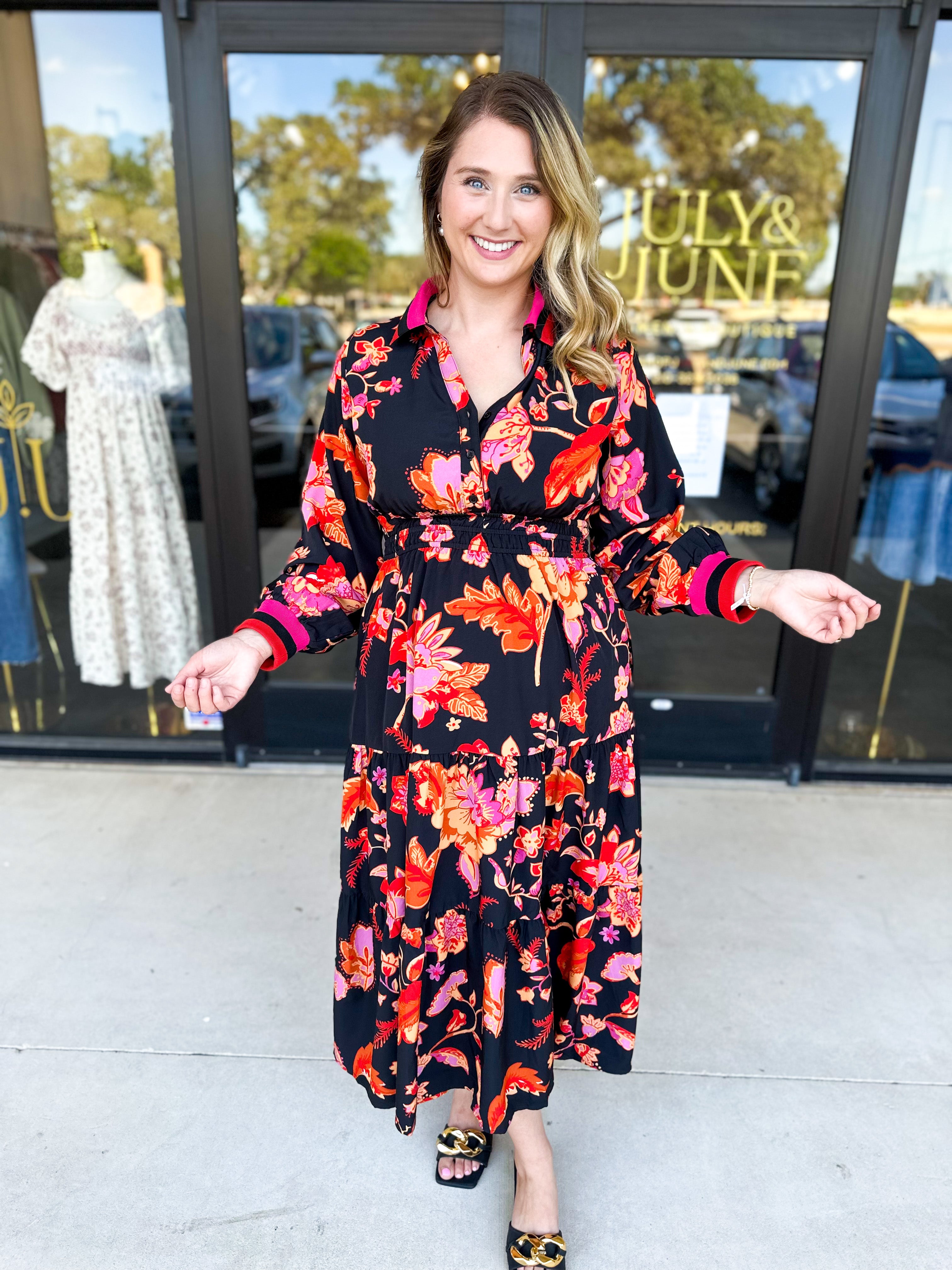 Bold Paisley Floral Print Midi Dress-500 Midi-JODIFL-July & June Women's Fashion Boutique Located in San Antonio, Texas