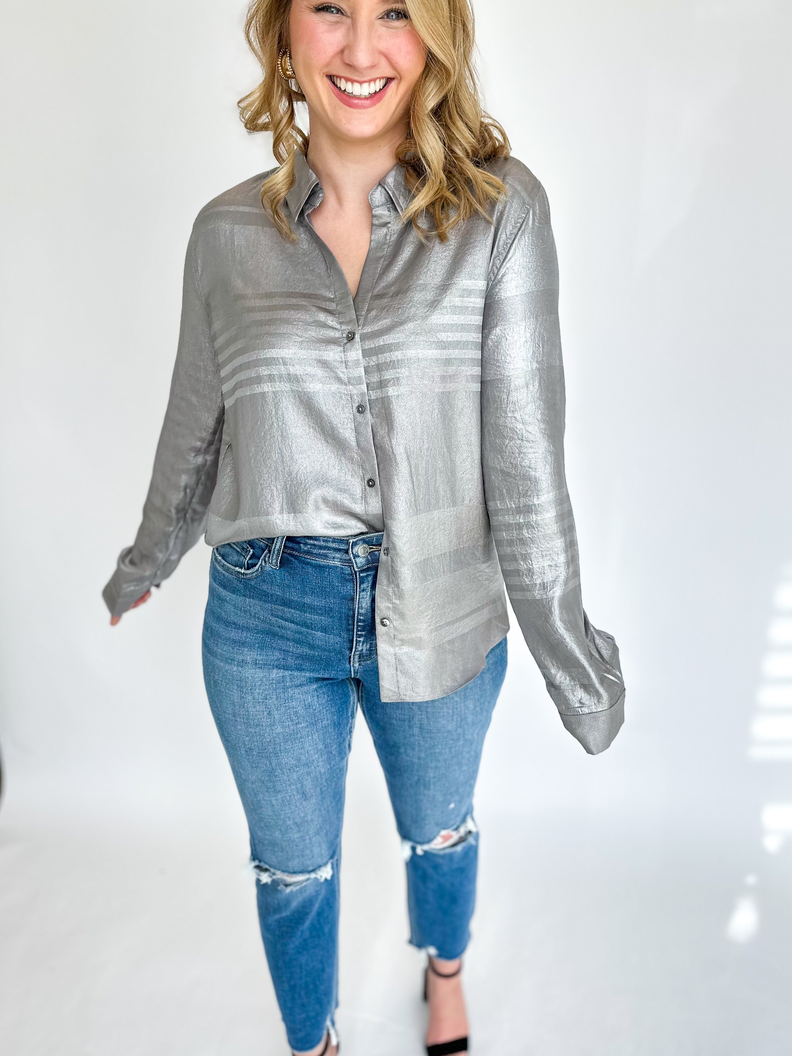 Be Present Blouse - Silver-200 Fashion Blouses-CURRENT AIR CLOTHING-July & June Women's Fashion Boutique Located in San Antonio, Texas