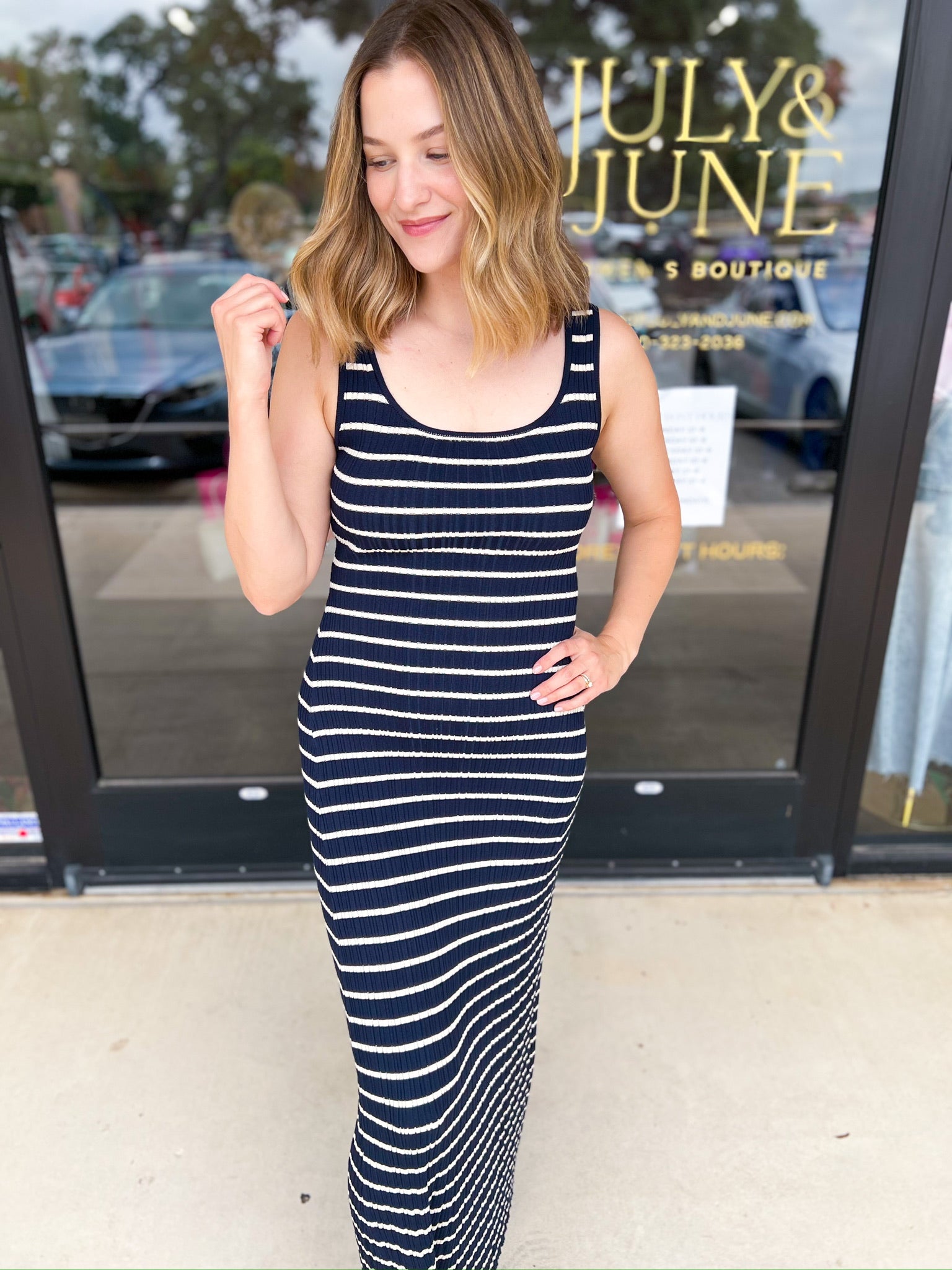 Navy Knit Midi Dress-500 Midi-SKIES ARE BLUE-July & June Women's Fashion Boutique Located in San Antonio, Texas