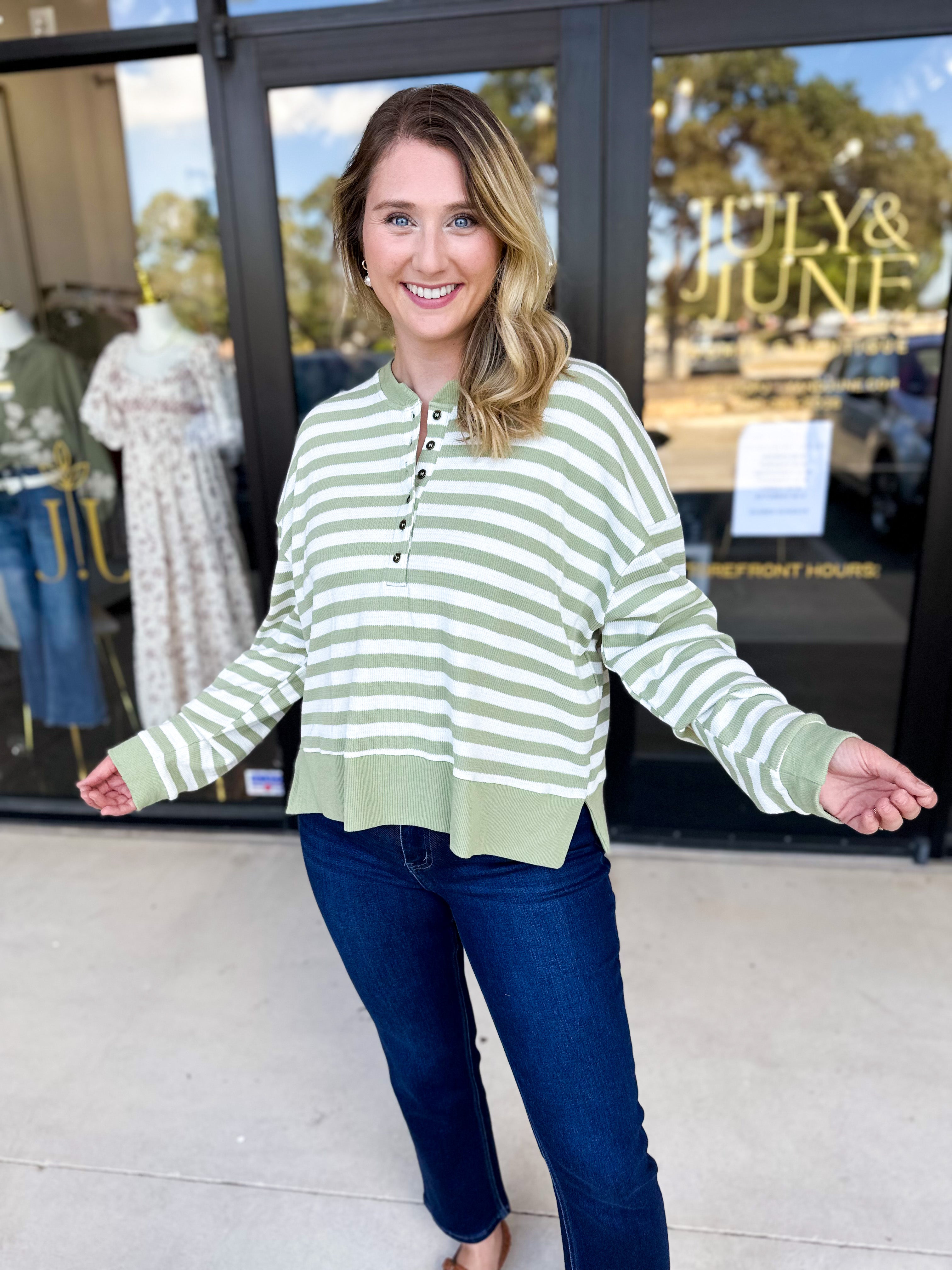 Casual Cool Henley Long Sleeve - Sage-210 Casual Blouses-POLOGRAM-July & June Women's Fashion Boutique Located in San Antonio, Texas