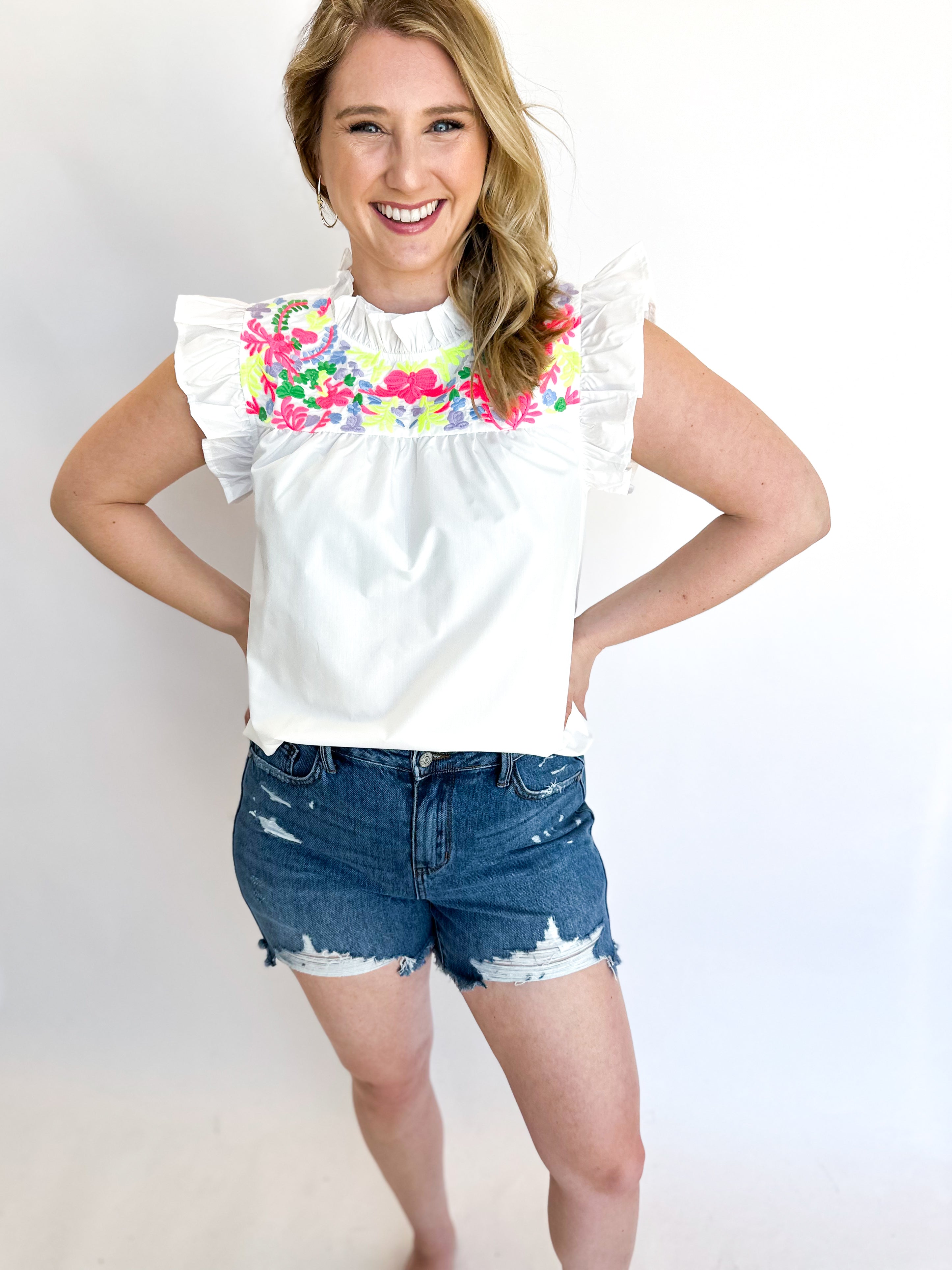 The Abigail Embroidered Blouse - Ivory & Neon-200 Fashion Blouses-JODIFL-July & June Women's Fashion Boutique Located in San Antonio, Texas