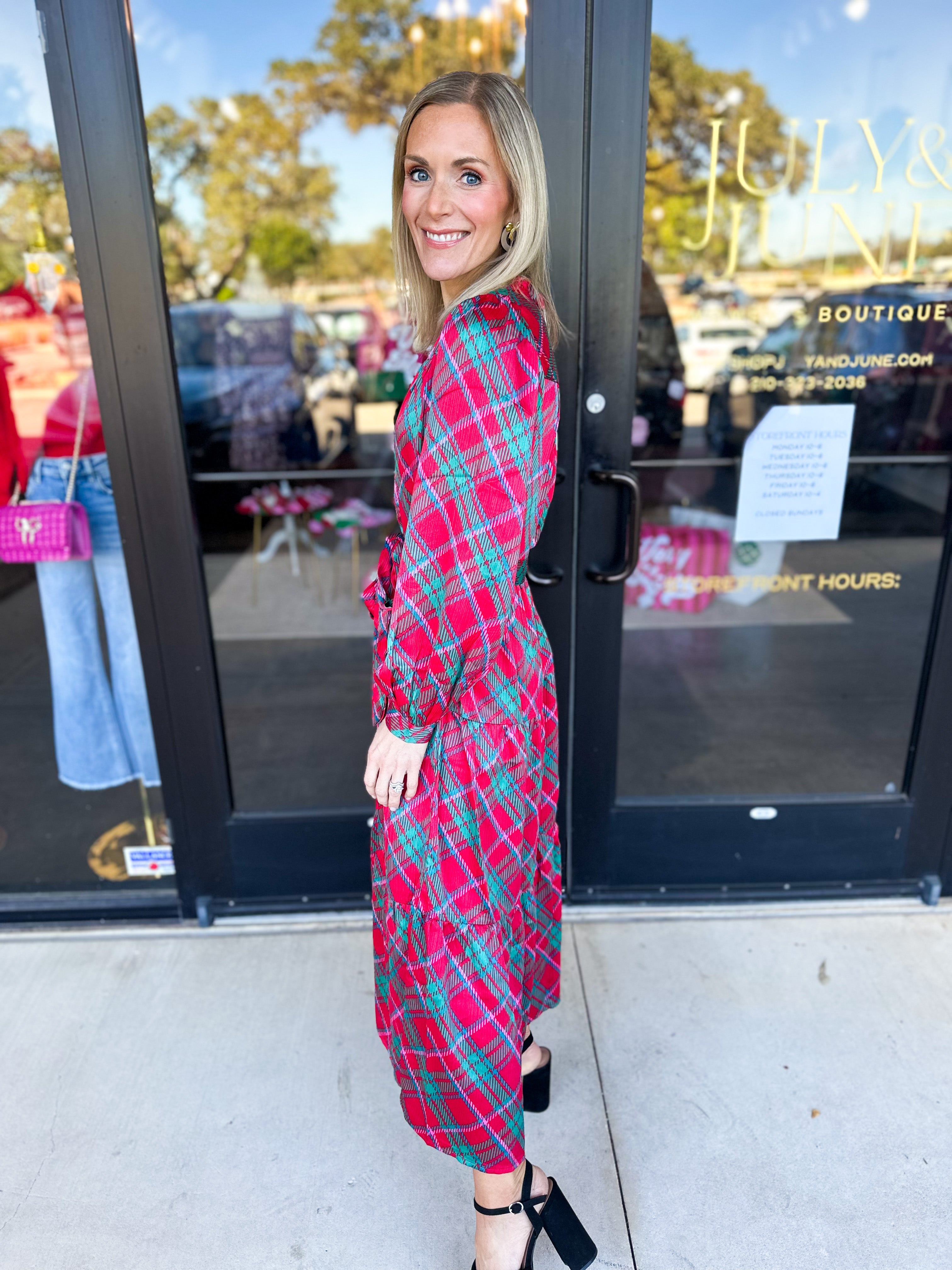 Mary Square - Gracelyn Plaid About You Pink Midi Dress-500 Midi-MARY SQUARE-July & June Women's Fashion Boutique Located in San Antonio, Texas