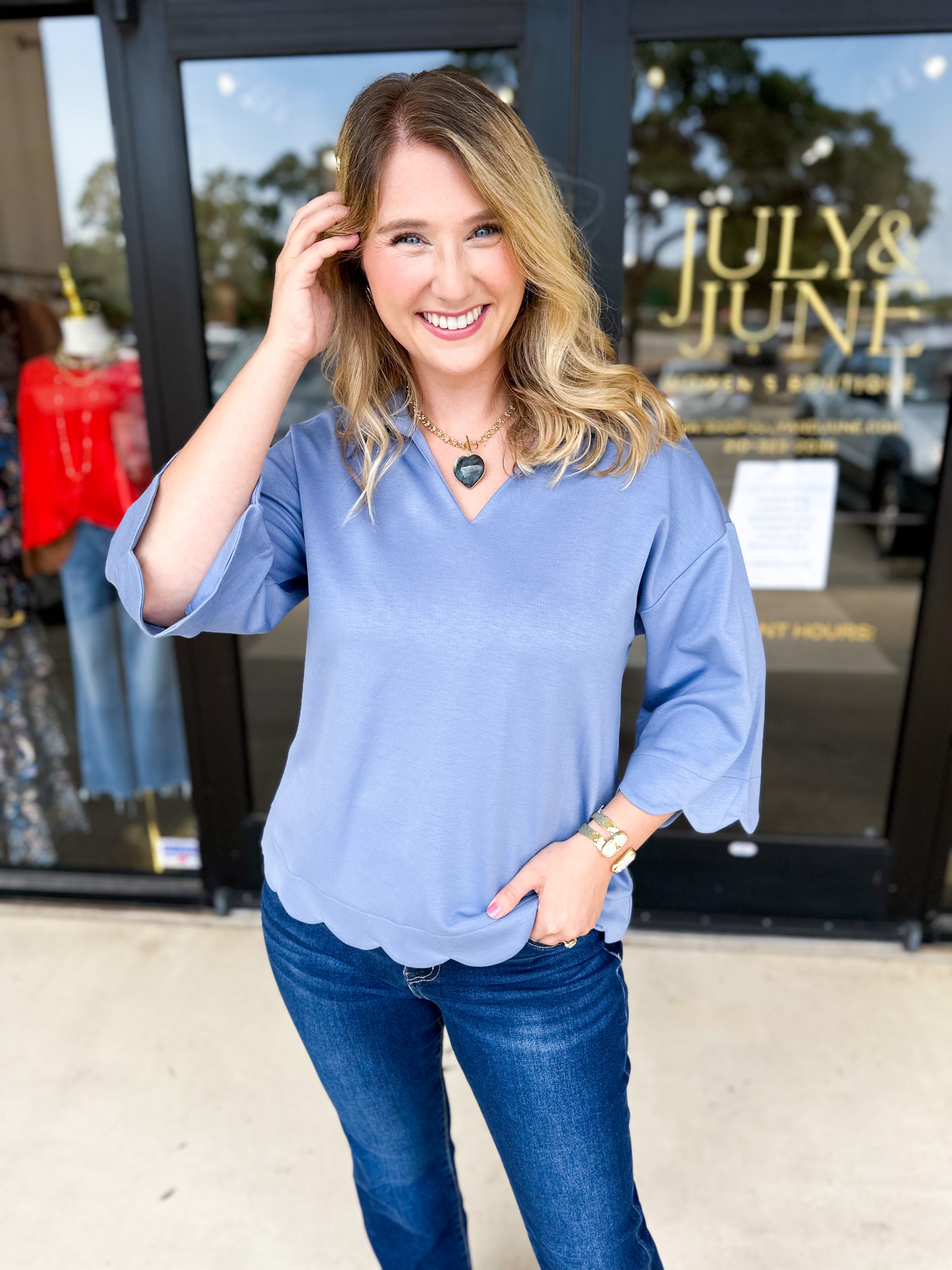 Soft Scalloped Top - Denim Blue-200 Fashion Blouses-JODIFL-July & June Women's Fashion Boutique Located in San Antonio, Texas