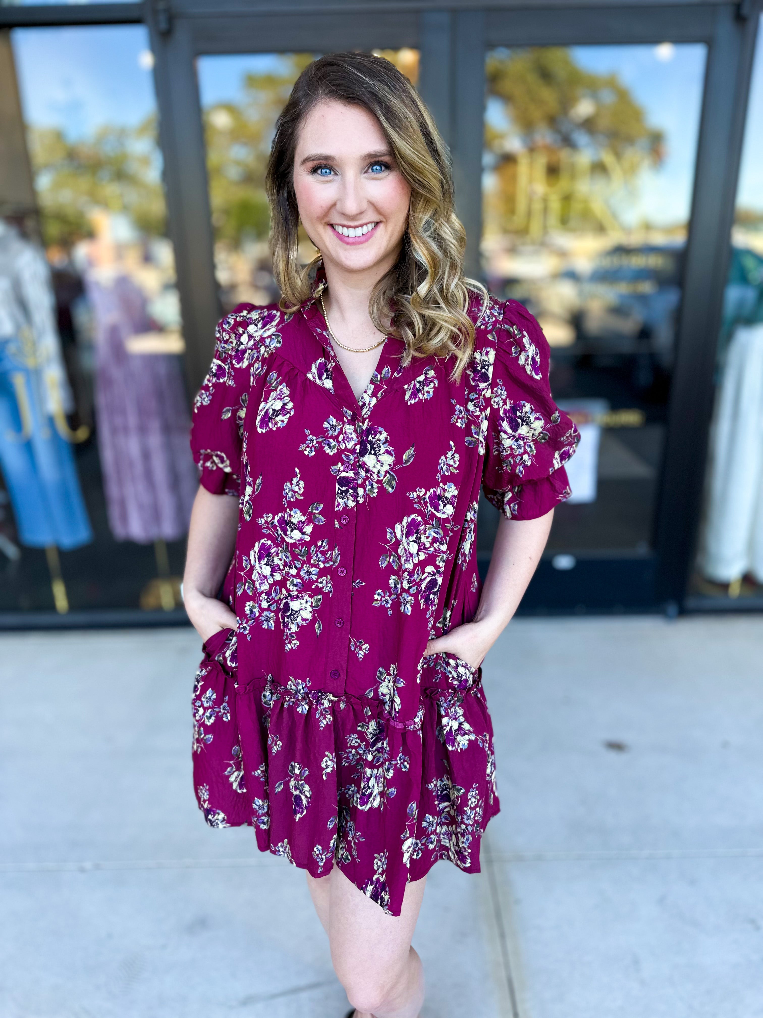 Red Plum Floral Mini Dress-510 Mini-FATE-July & June Women's Fashion Boutique Located in San Antonio, Texas