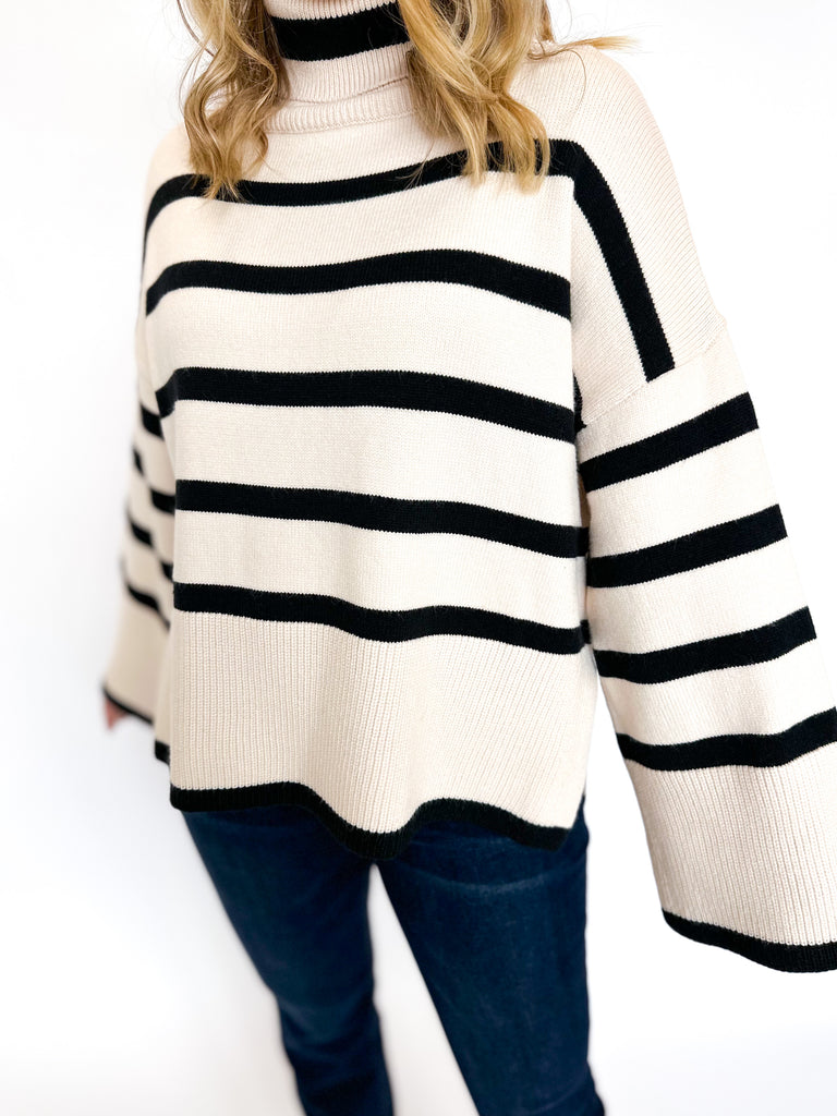 Chic Striped Turtleneck Sweater- Ivory-230 Sweaters/Cardis-ENTRO-July & June Women's Fashion Boutique Located in San Antonio, Texas