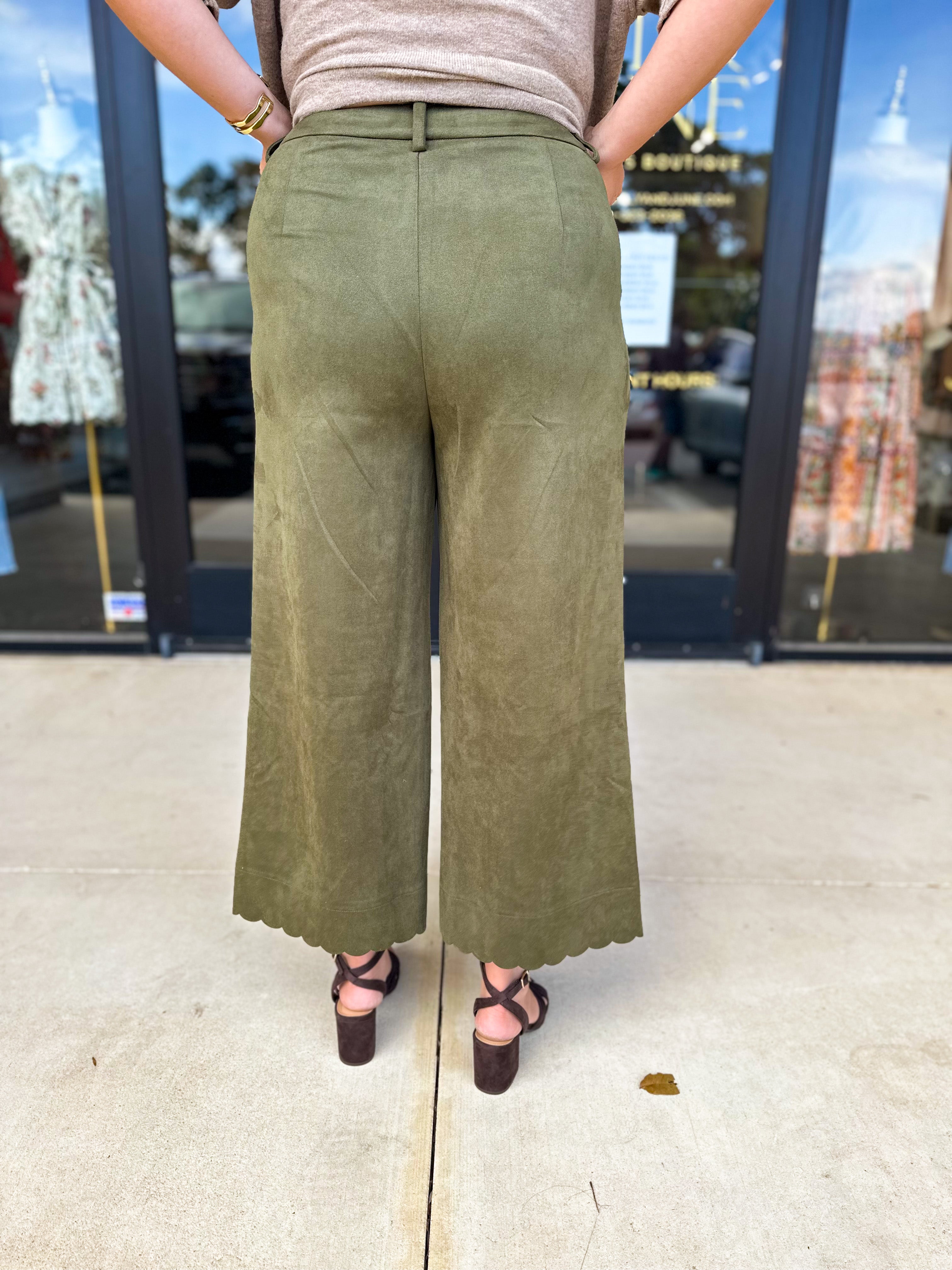 Olive Suede Scalloped Pants-400 Pants-JODIFL-July & June Women's Fashion Boutique Located in San Antonio, Texas