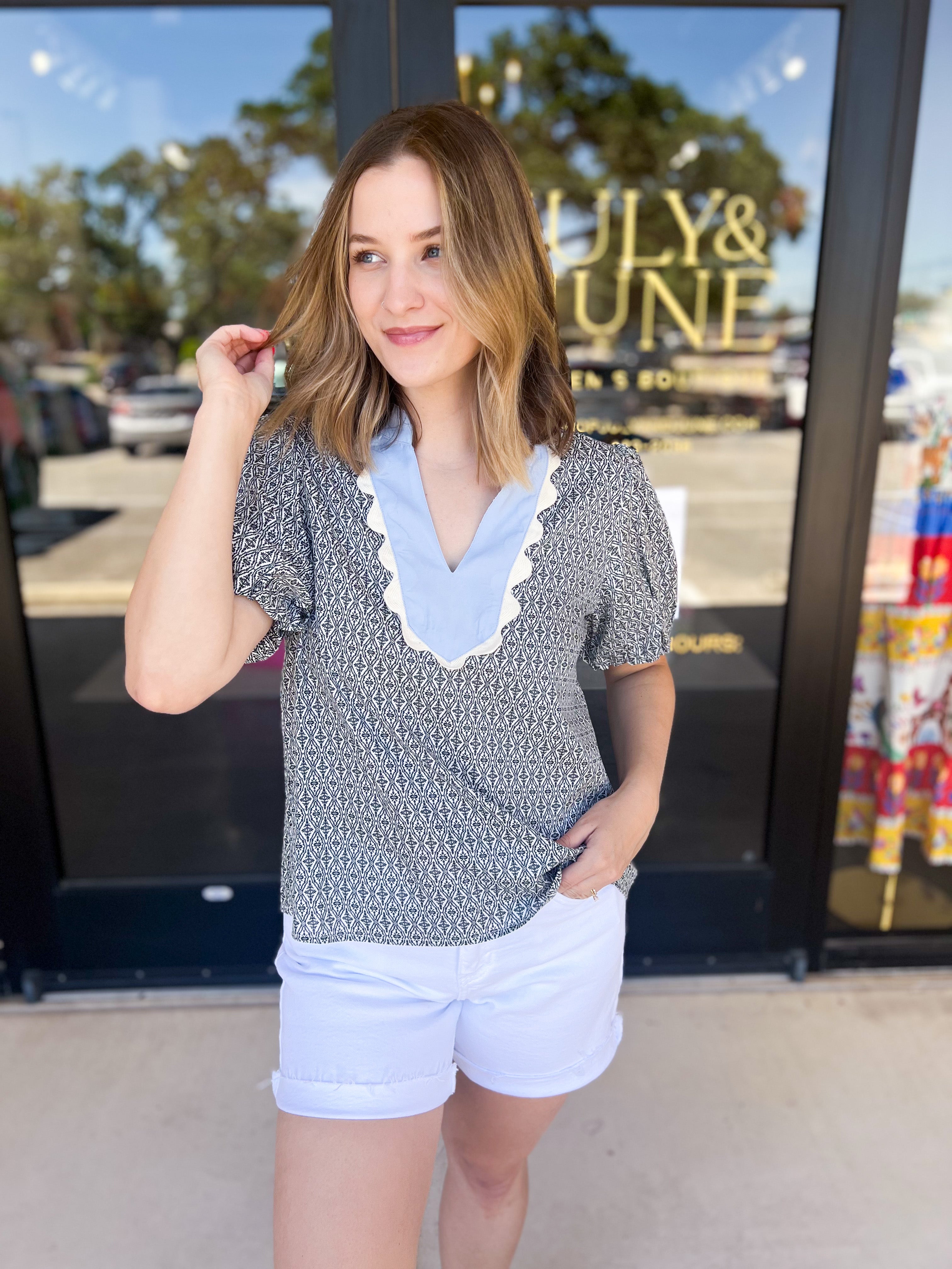 THML - Black & Baby Blue Blouse-200 Fashion Blouses-THML-July & June Women's Fashion Boutique Located in San Antonio, Texas