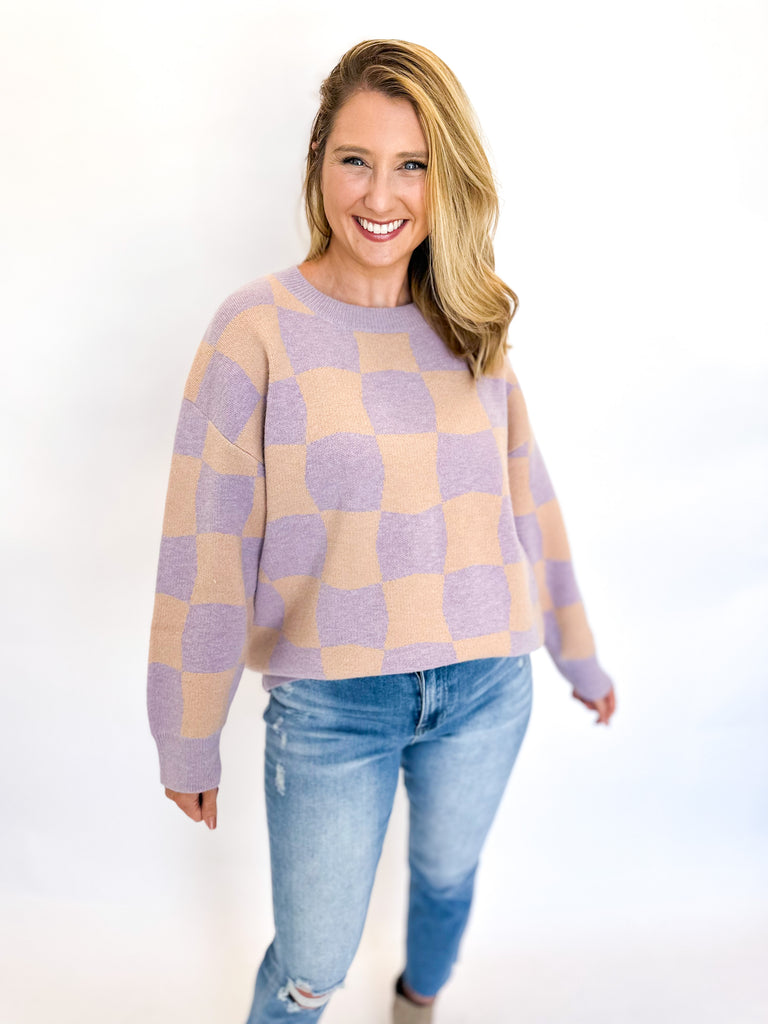 Lavender Checkered Sweater-230 Sweaters/Cardis-GILLI CLOTHING-July & June Women's Fashion Boutique Located in San Antonio, Texas