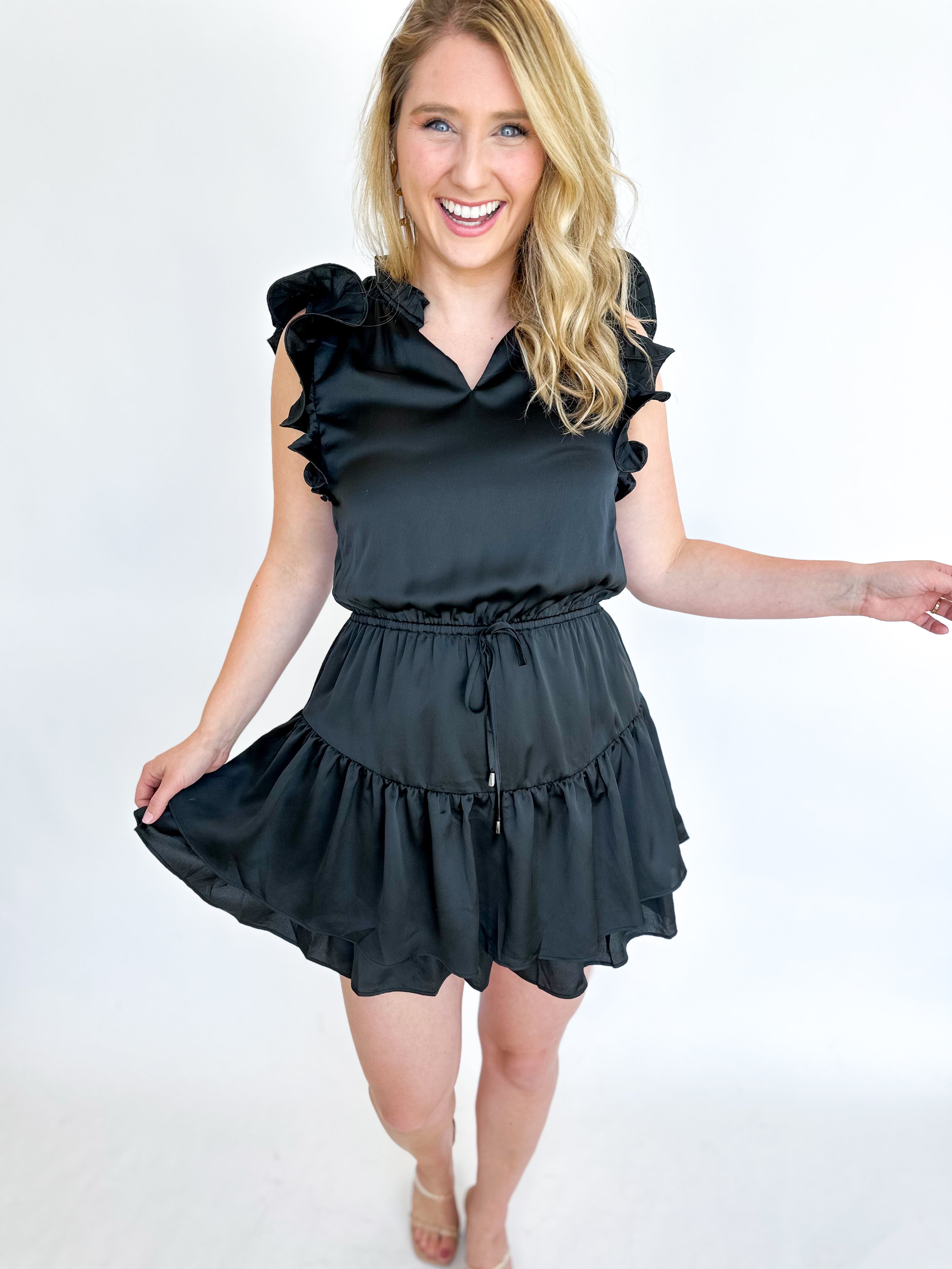 Black Satin Ruffle Mini Dress-510 Mini-ENTRO-July & June Women's Fashion Boutique Located in San Antonio, Texas