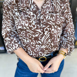 Mocha Cheetah & Ruffle Blouse-200 Fashion Blouses-FATE-July & June Women's Fashion Boutique Located in San Antonio, Texas