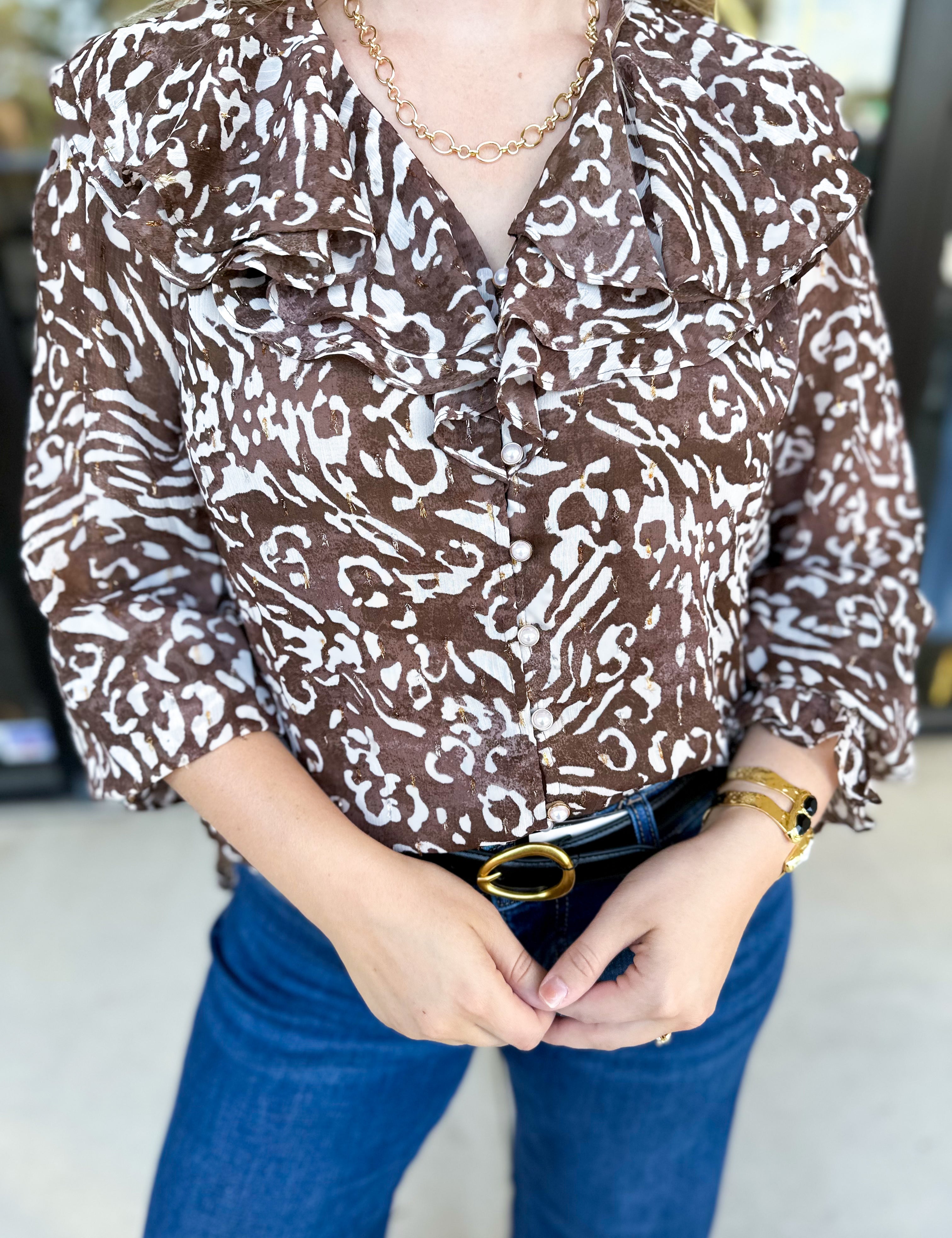 Mocha Cheetah & Ruffle Blouse-200 Fashion Blouses-FATE-July & June Women's Fashion Boutique Located in San Antonio, Texas