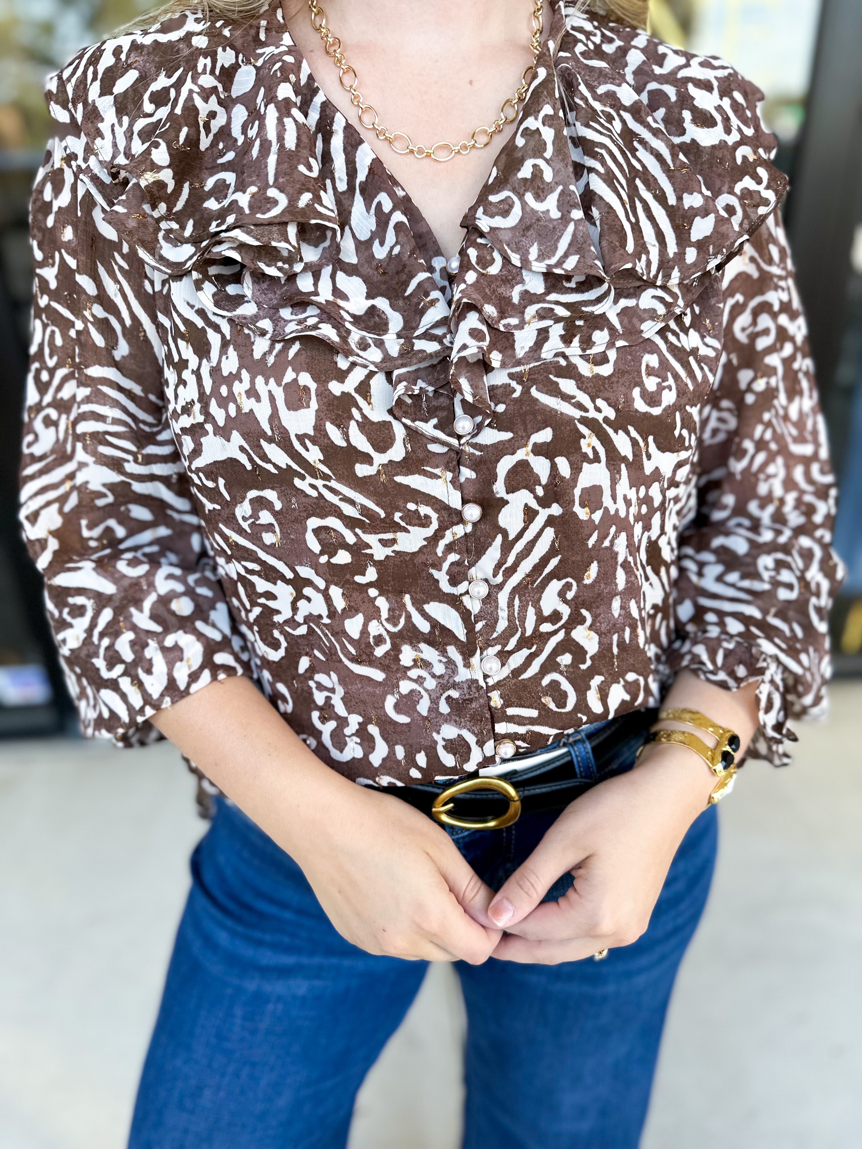 Mocha Cheetah & Ruffle Blouse-200 Fashion Blouses-FATE-July & June Women's Fashion Boutique Located in San Antonio, Texas