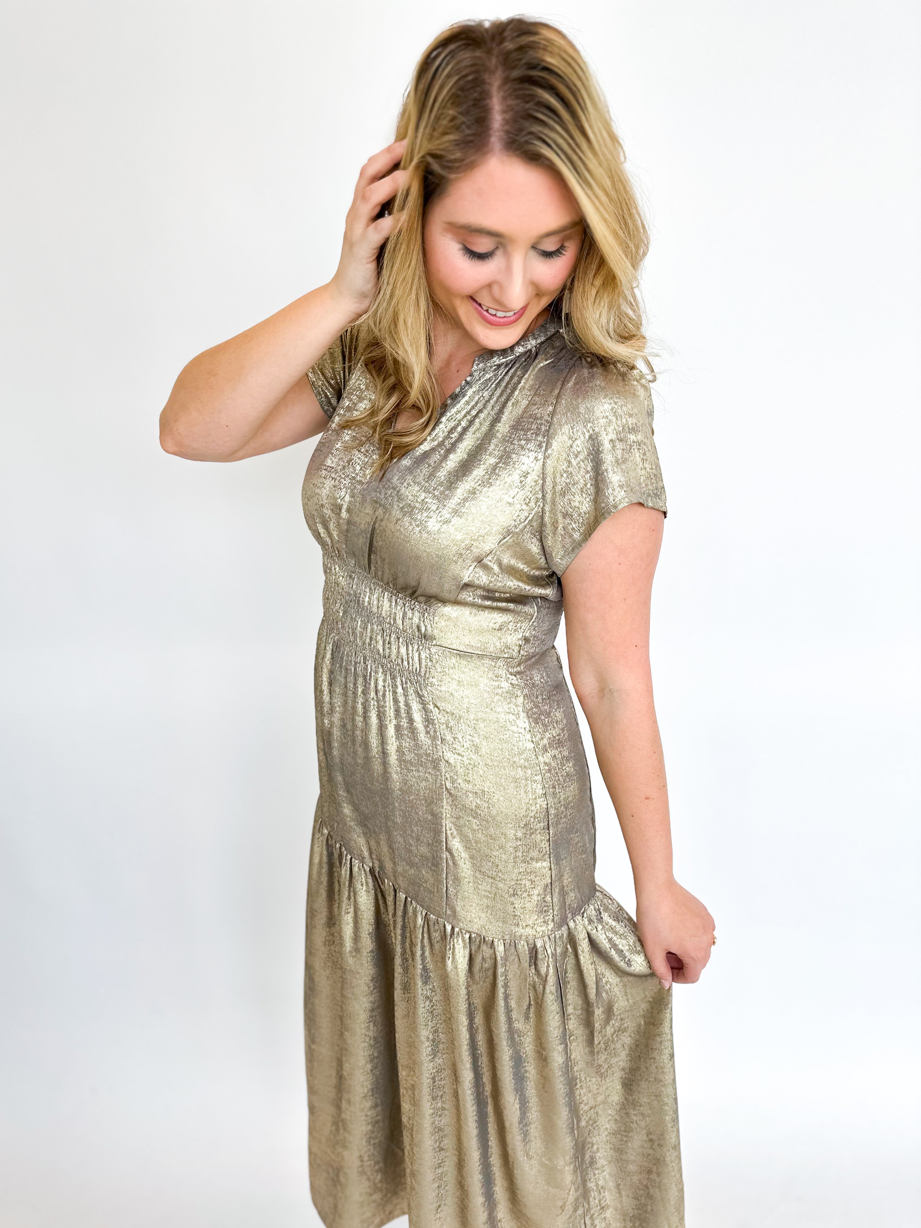 Silver & Gold Shine Midi Dress-500 Midi-GRADE & GATHER-July & June Women's Fashion Boutique Located in San Antonio, Texas
