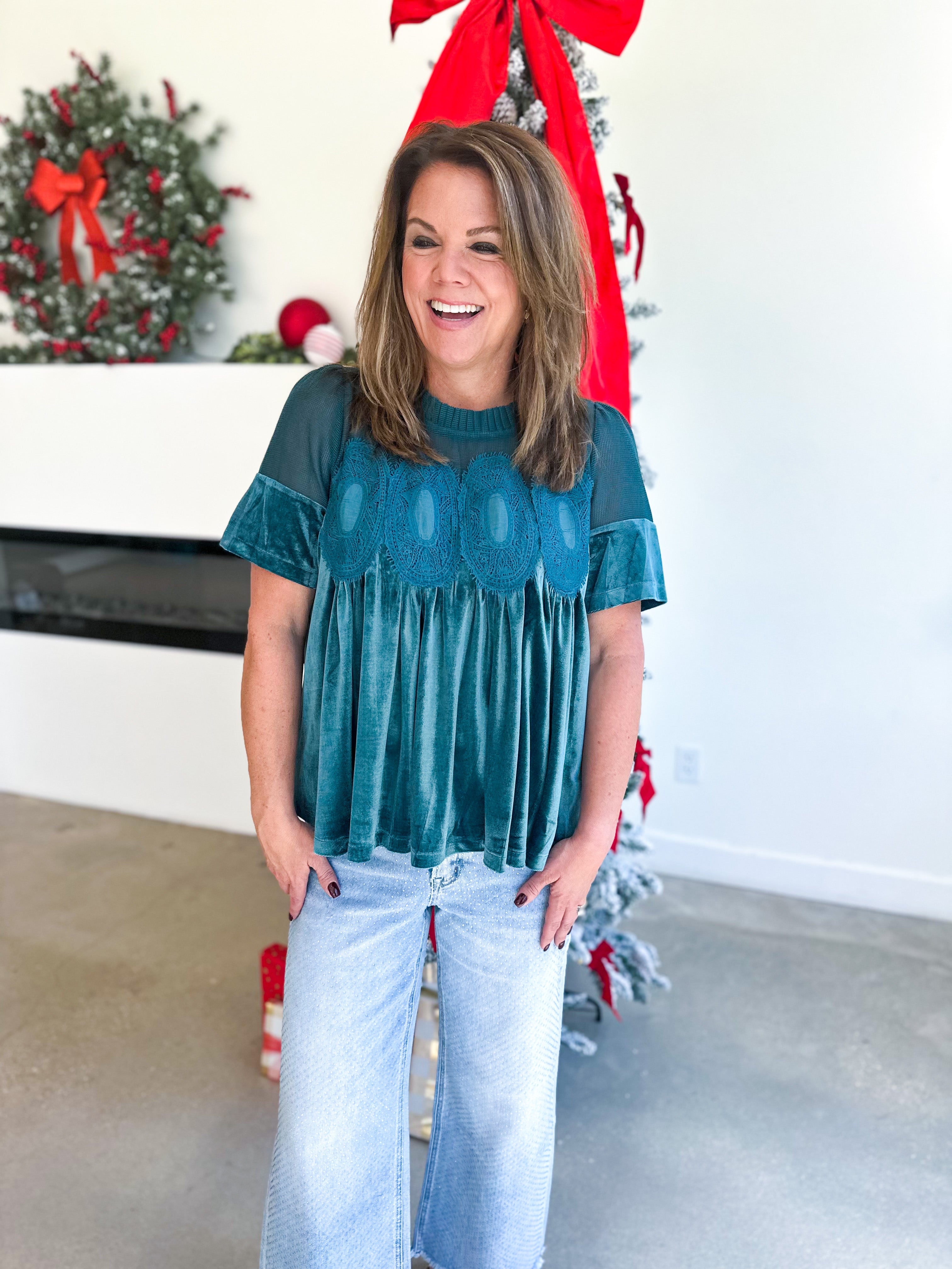 Lace Details Velvet Blouse - Teal-200 Fashion Blouses-FATE-July & June Women's Fashion Boutique Located in San Antonio, Texas