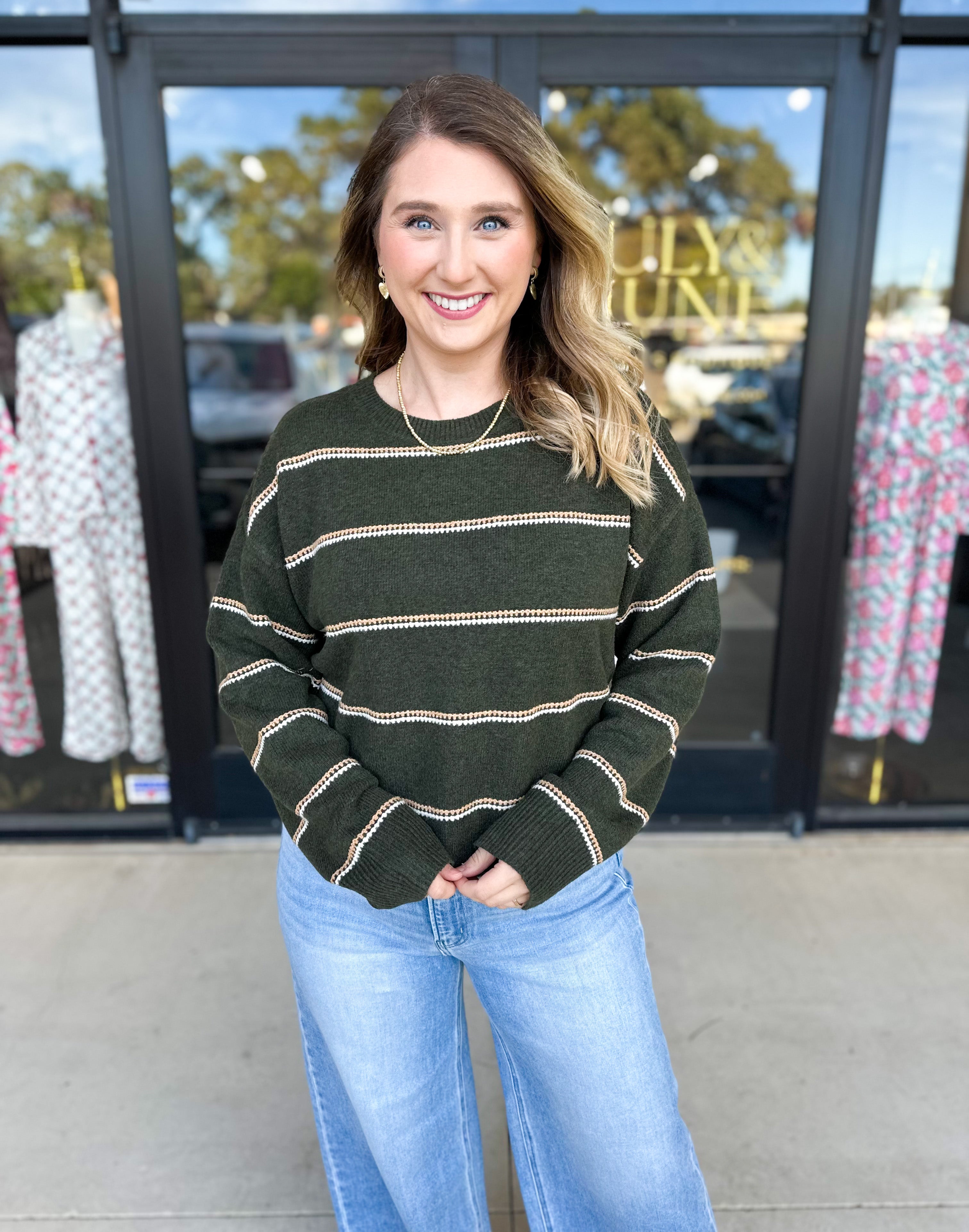 Olive & Camel Sweater-230 Sweaters/Cardis-SKIES ARE BLUE-July & June Women's Fashion Boutique Located in San Antonio, Texas
