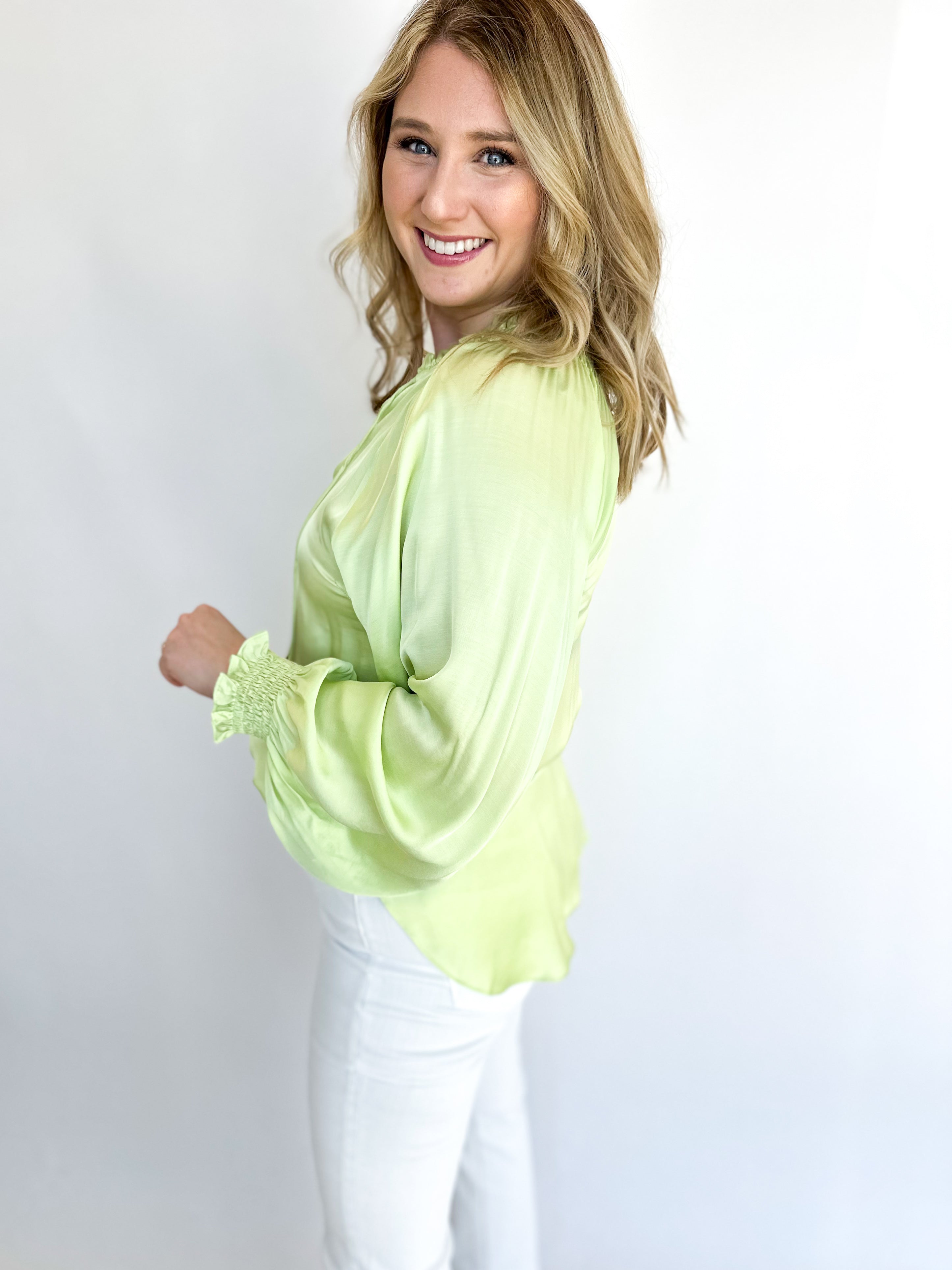 Pastel Satin Blouse - Lime-200 Fashion Blouses-OLIVACEOUS-July & June Women's Fashion Boutique Located in San Antonio, Texas