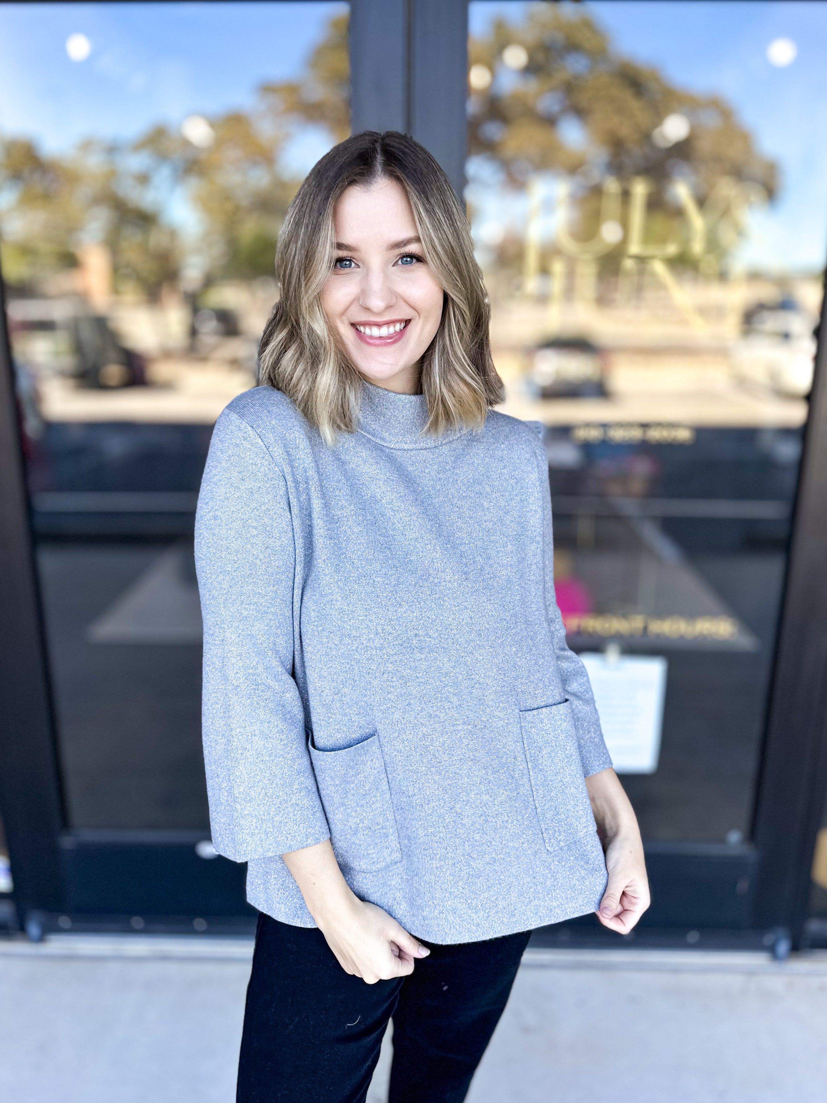 Sparkle Mock Neck Sweater-Grey-230 Sweaters/Cardis-FATE-July & June Women's Fashion Boutique Located in San Antonio, Texas
