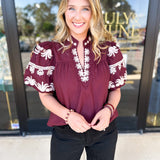 Maroon Embroidered Blouse-200 Fashion Blouses-ENTRO-July & June Women's Fashion Boutique Located in San Antonio, Texas