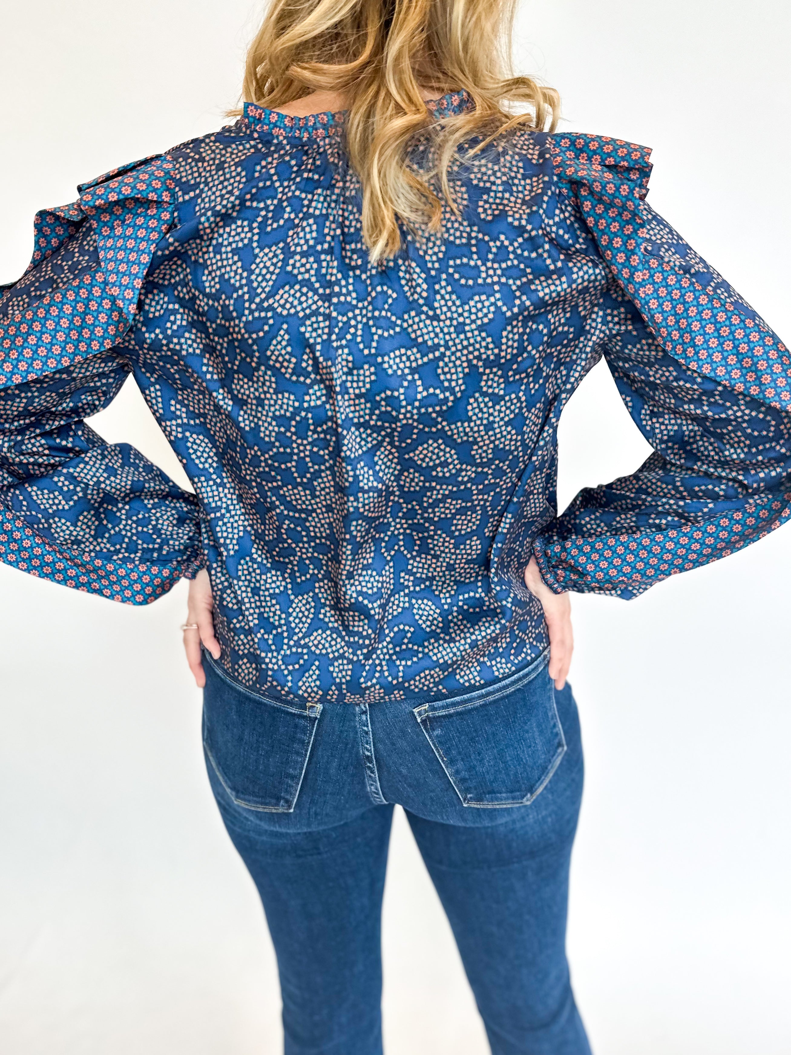 Navy Garden Blouse-200 Fashion Blouses-CURRENT AIR CLOTHING-July & June Women's Fashion Boutique Located in San Antonio, Texas