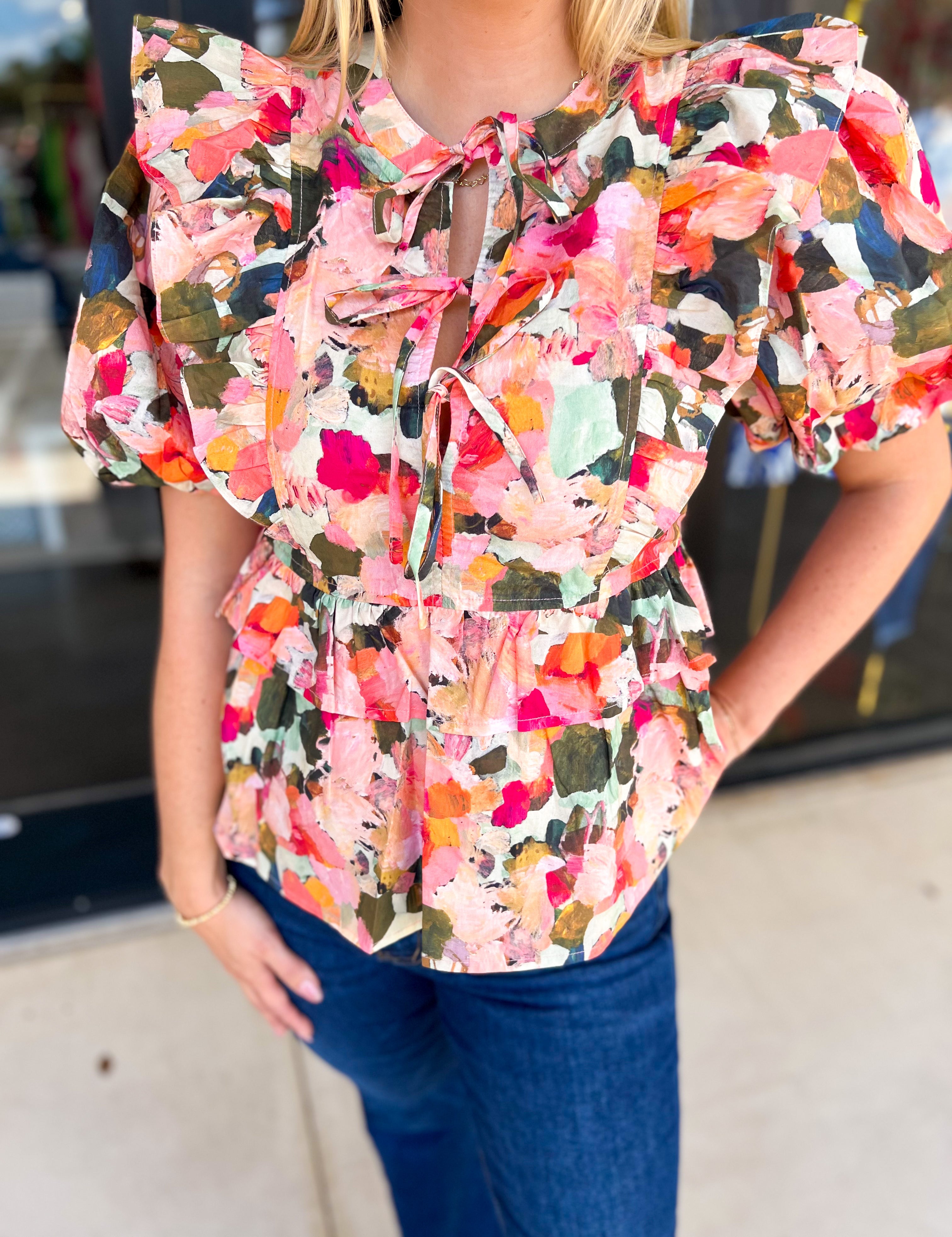 THML - Pink & Olive Abstract Blouse-200 Fashion Blouses-THML-July & June Women's Fashion Boutique Located in San Antonio, Texas