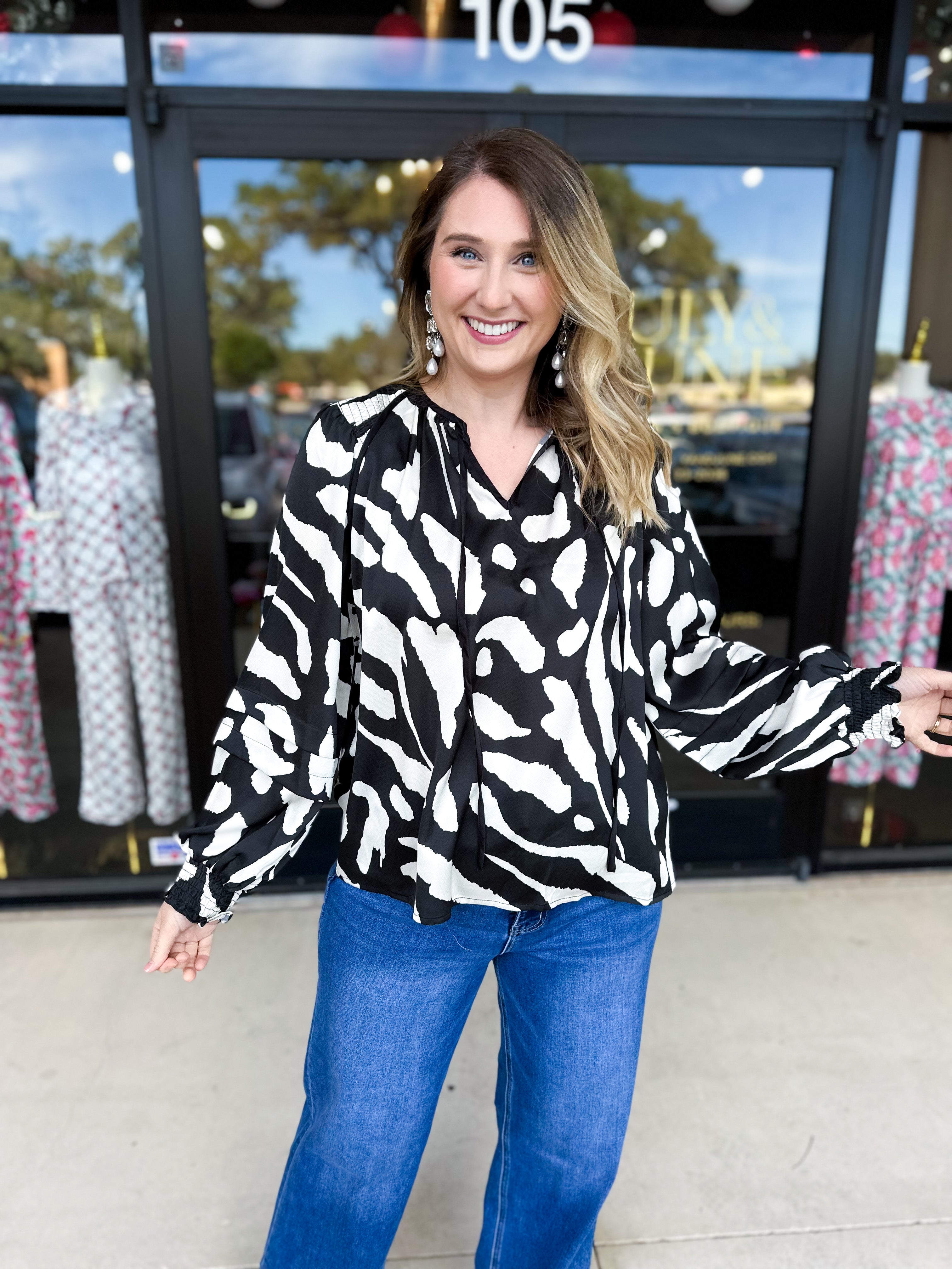 Abstract Black & White Blouse-200 Fashion Blouses-FATE-July & June Women's Fashion Boutique Located in San Antonio, Texas