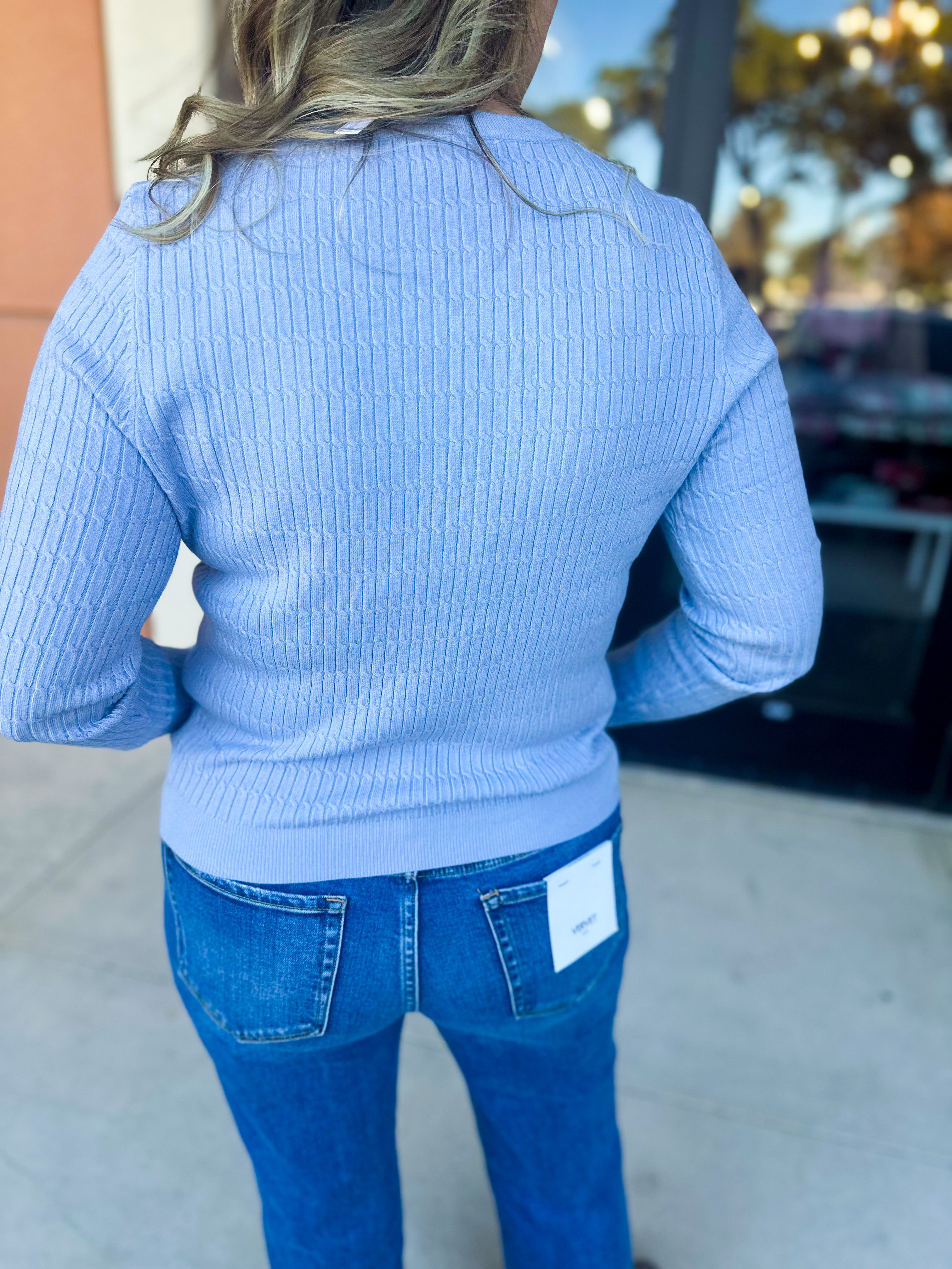 Tailored Cable Knit Sweater Top - Soft Blue-230 Sweaters/Cardis-ALLIE ROSE-July & June Women's Fashion Boutique Located in San Antonio, Texas