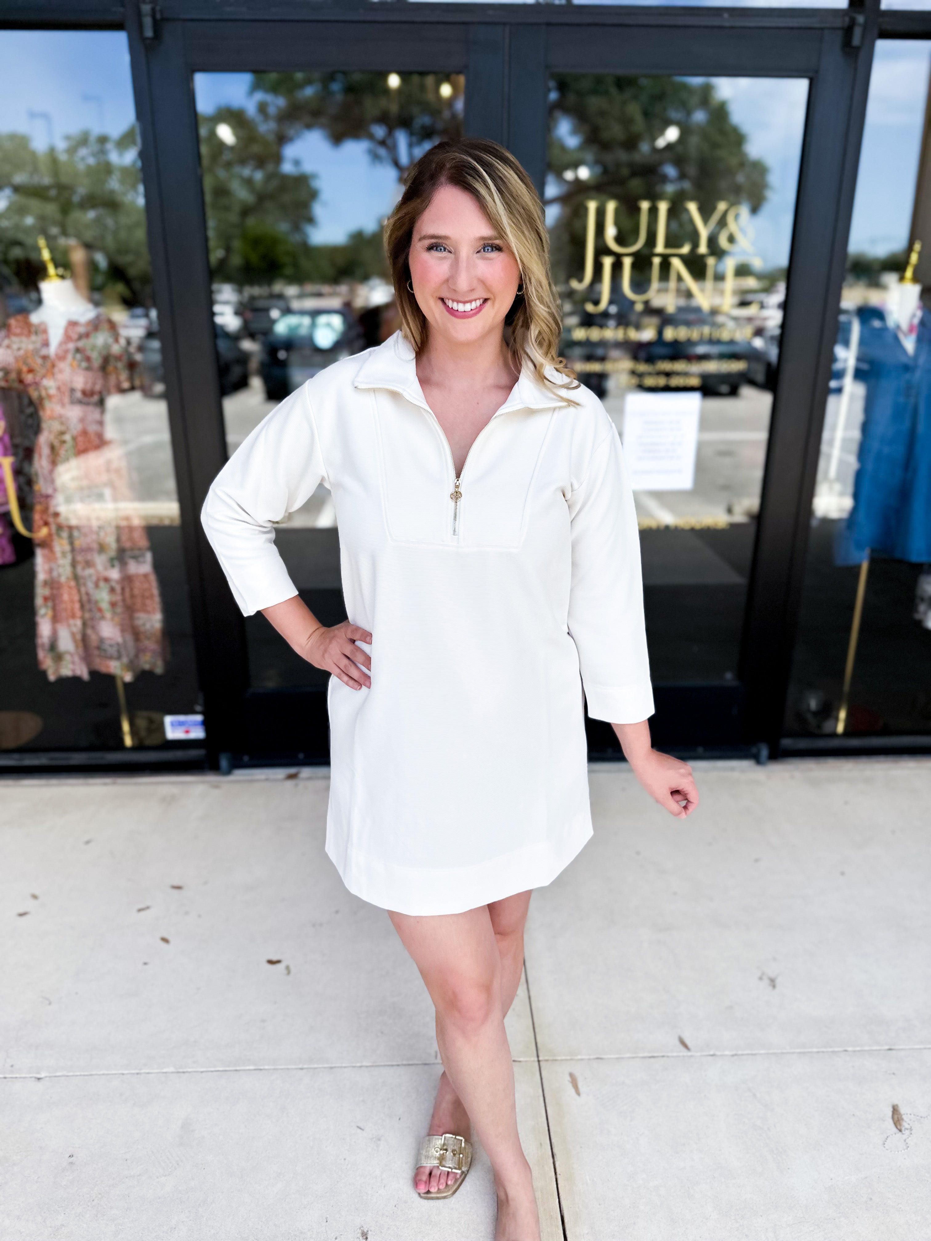 Mary Square - Raven Zip Mini Dress - Ivory-510 Mini-MARY SQUARE-July & June Women's Fashion Boutique Located in San Antonio, Texas