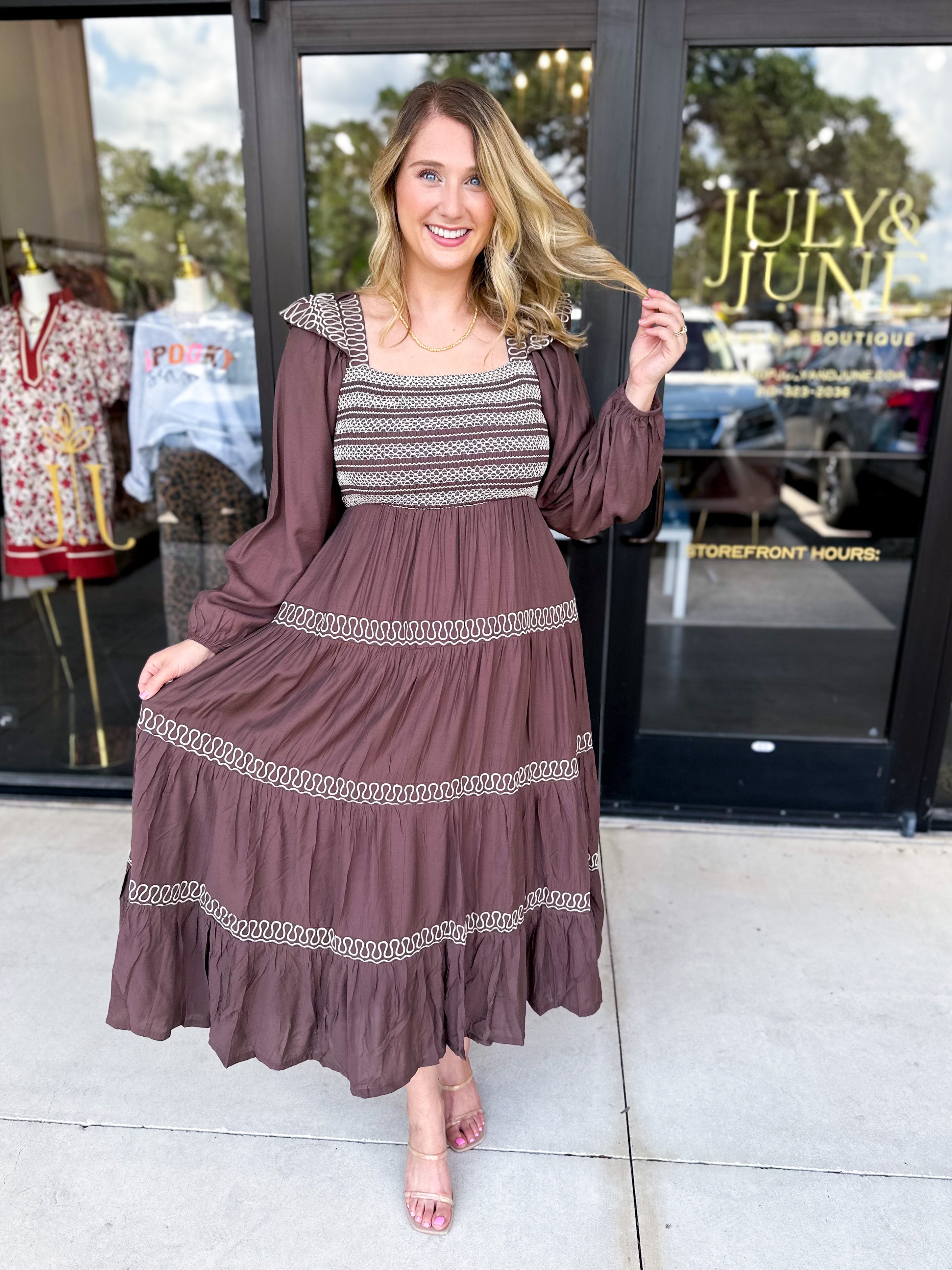 Mocha Boho Midi Dress-500 Midi-LISTICLE-July & June Women's Fashion Boutique Located in San Antonio, Texas
