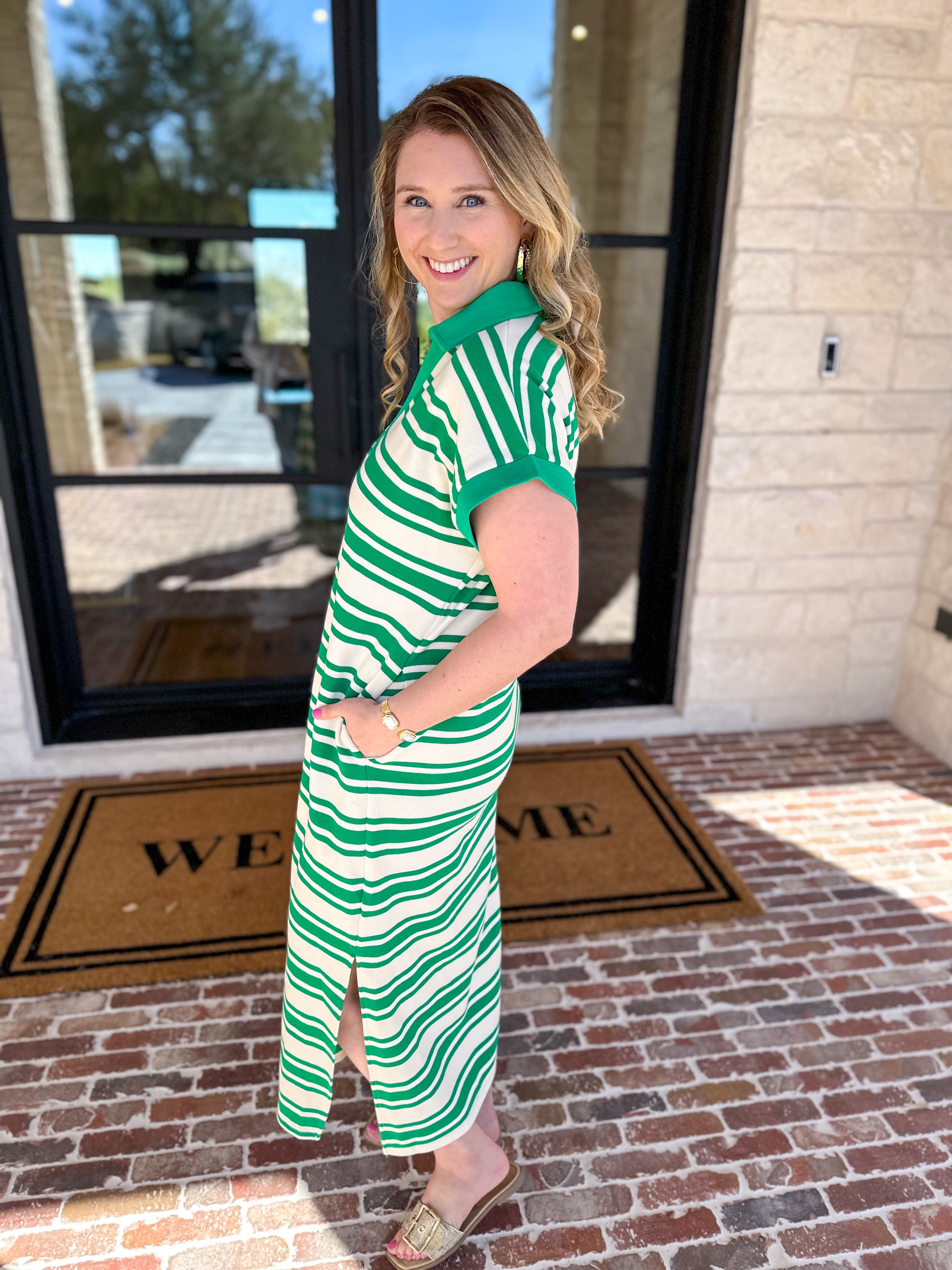 Casual Striped Midi Dress - Kelly Green-500 Midi-ENTRO-July & June Women's Fashion Boutique Located in San Antonio, Texas