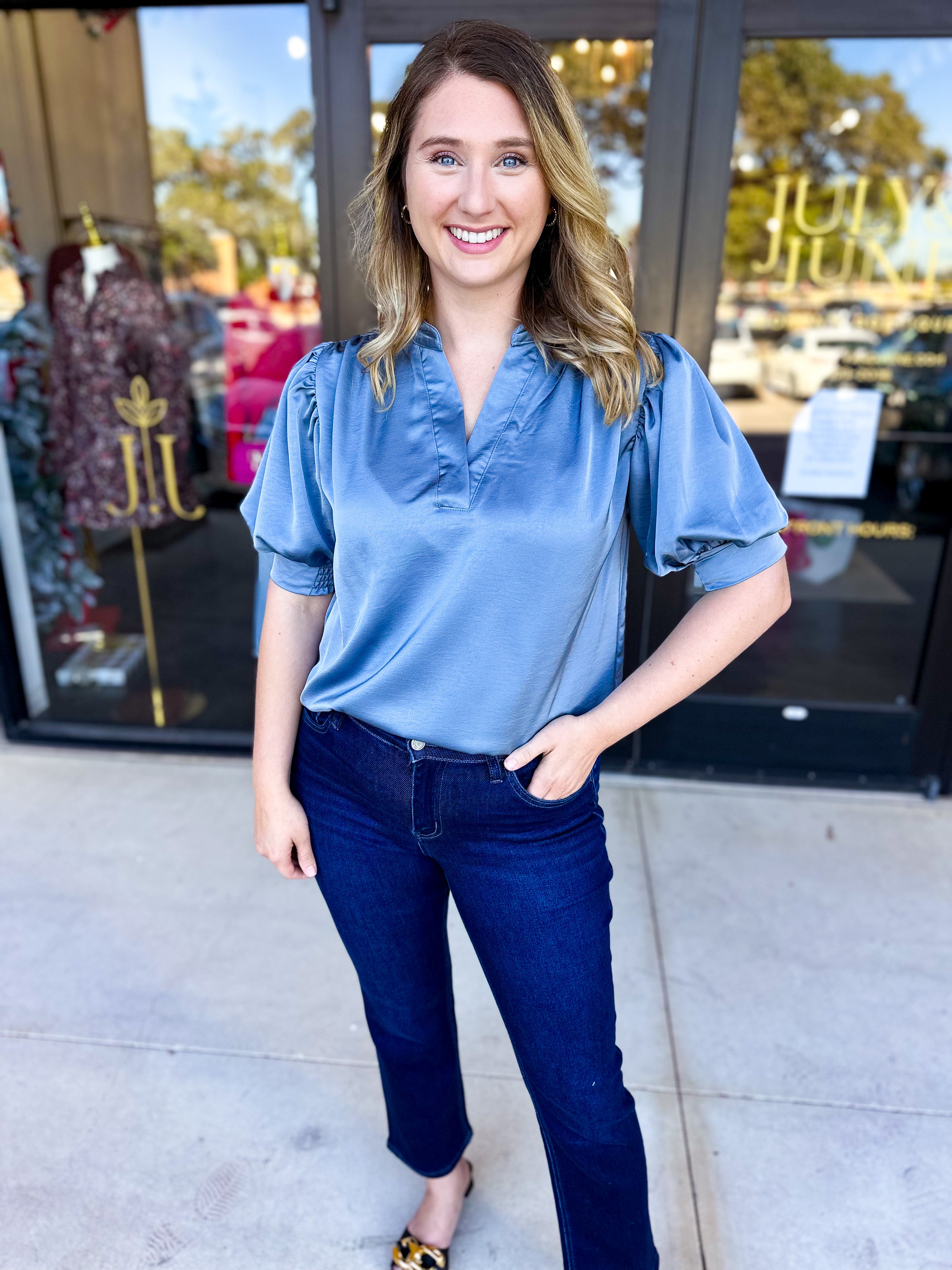 Pink Friday Doorbuster - Puff Sleeve Satin Blouse - Slate - IN STORE-PINK FRIDAY DOORBUSTERS-GLAM-July & June Women's Fashion Boutique Located in San Antonio, Texas