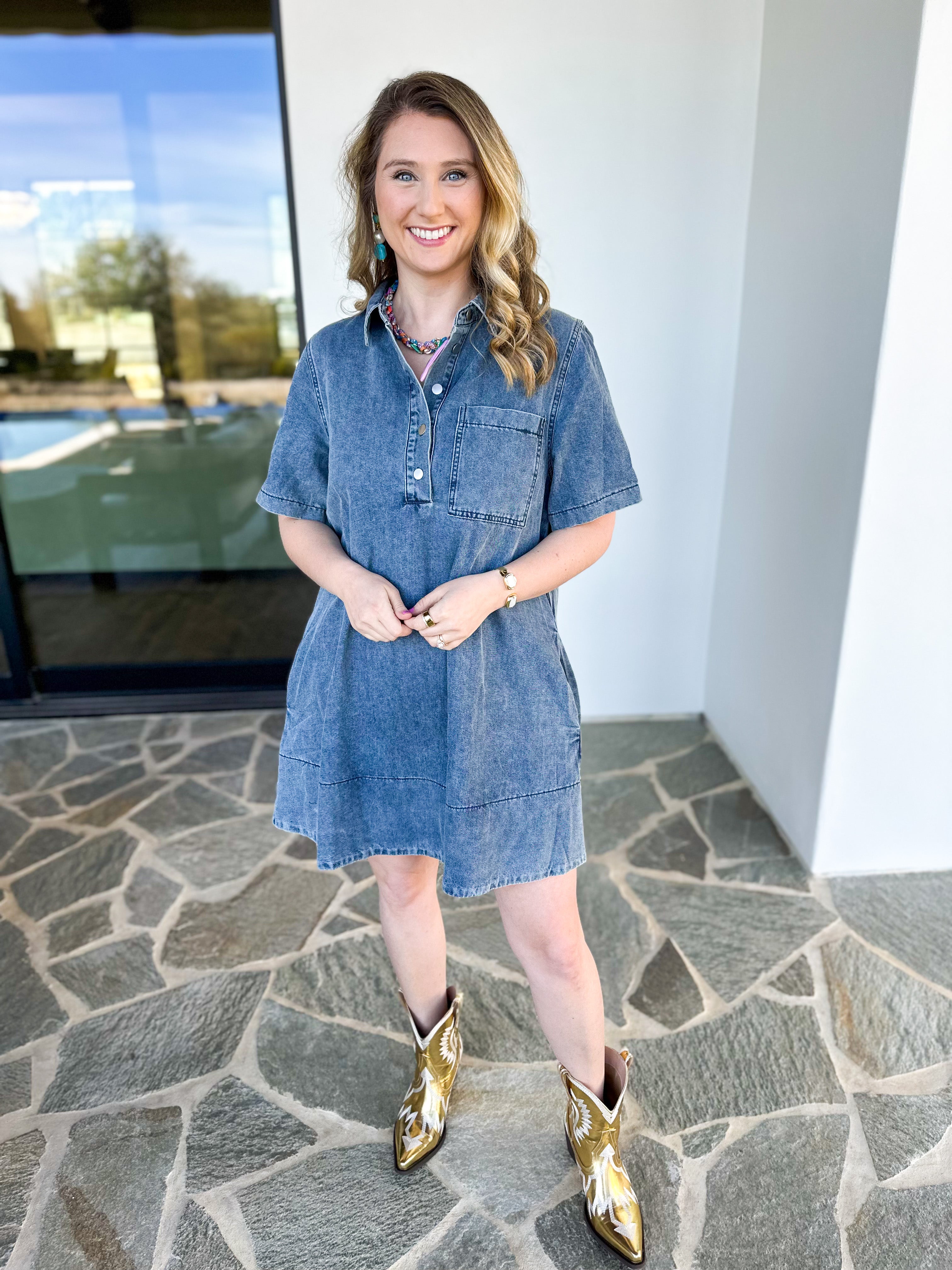 Vintage Wash Denim Mini Dress-510 Mini-IN FEBRUARY-July & June Women's Fashion Boutique Located in San Antonio, Texas