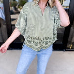 Floral Crochet Oversized Blouse - Olive-200 Fashion Blouses-ENTRO-July & June Women's Fashion Boutique Located in San Antonio, Texas