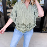 Floral Crochet Oversized Blouse - Olive-200 Fashion Blouses-ENTRO-July & June Women's Fashion Boutique Located in San Antonio, Texas