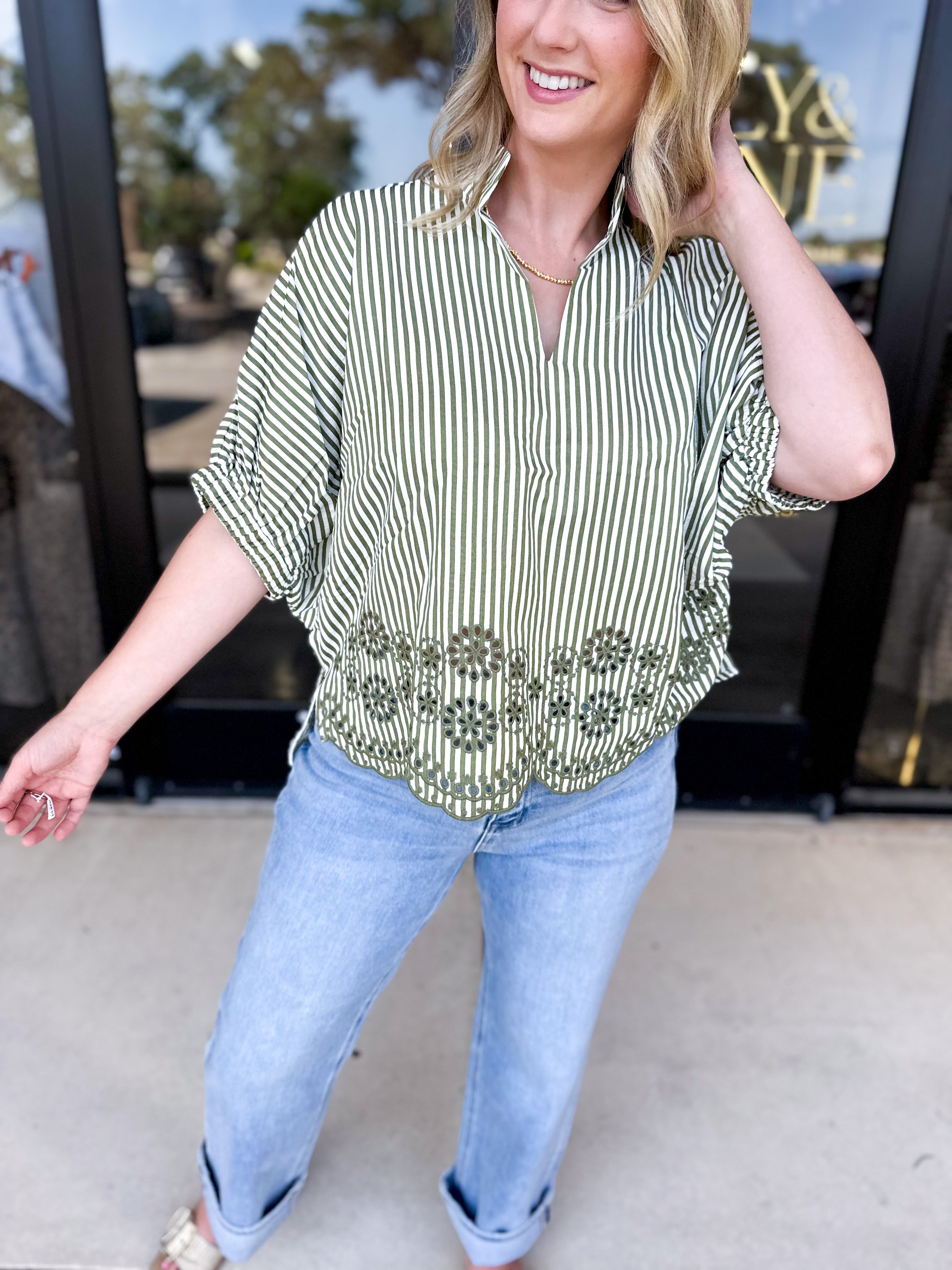 Floral Crochet Oversized Blouse - Olive-200 Fashion Blouses-ENTRO-July & June Women's Fashion Boutique Located in San Antonio, Texas