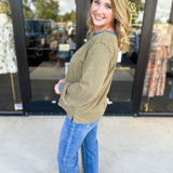 Olive & Denim Details Long Sleeve Top-210 Casual Blouses-JODIFL-July & June Women's Fashion Boutique Located in San Antonio, Texas