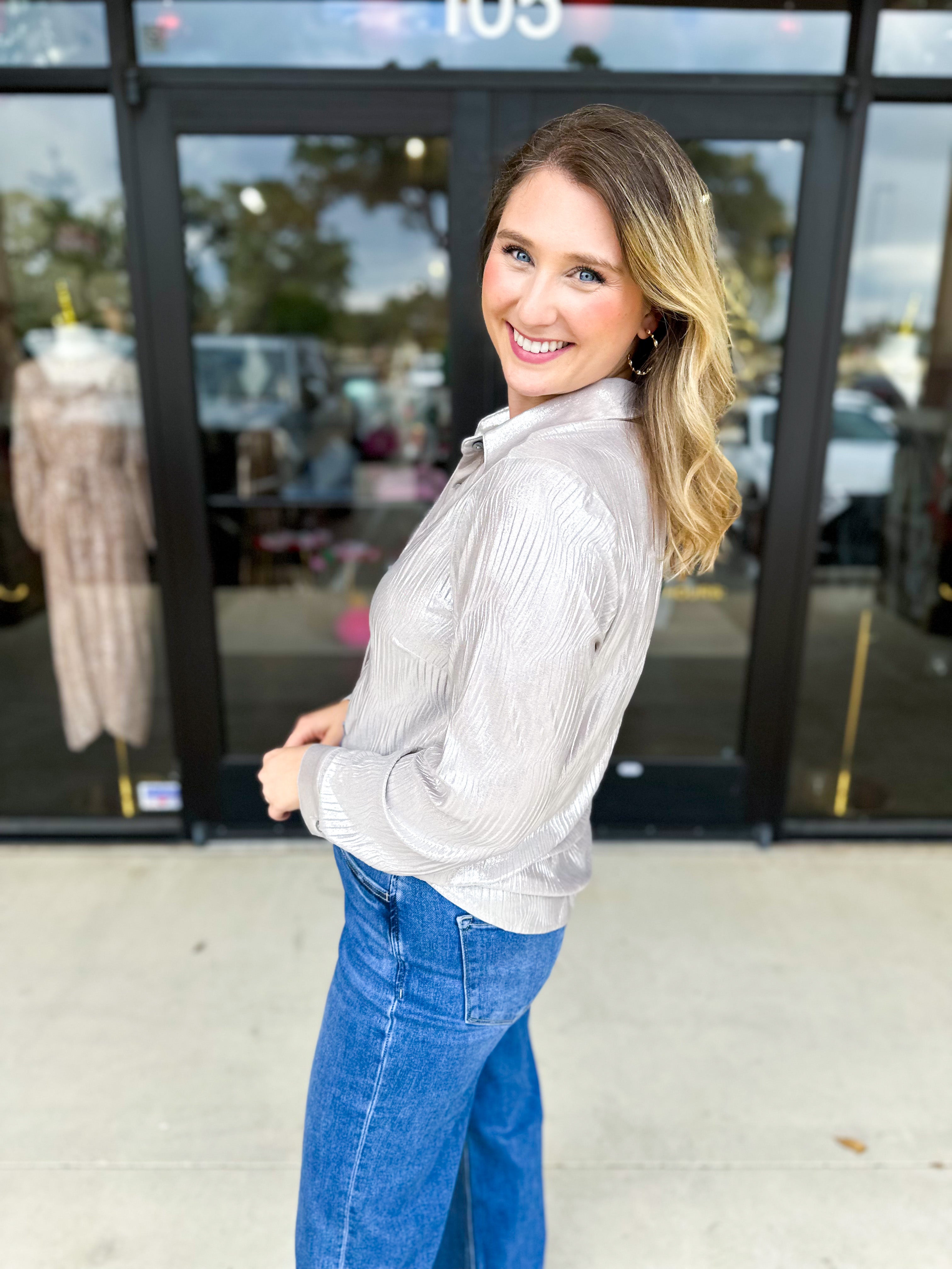 Shimmer Button Down Blouse - Silver Mist-200 Fashion Blouses-ALLIE ROSE-July & June Women's Fashion Boutique Located in San Antonio, Texas