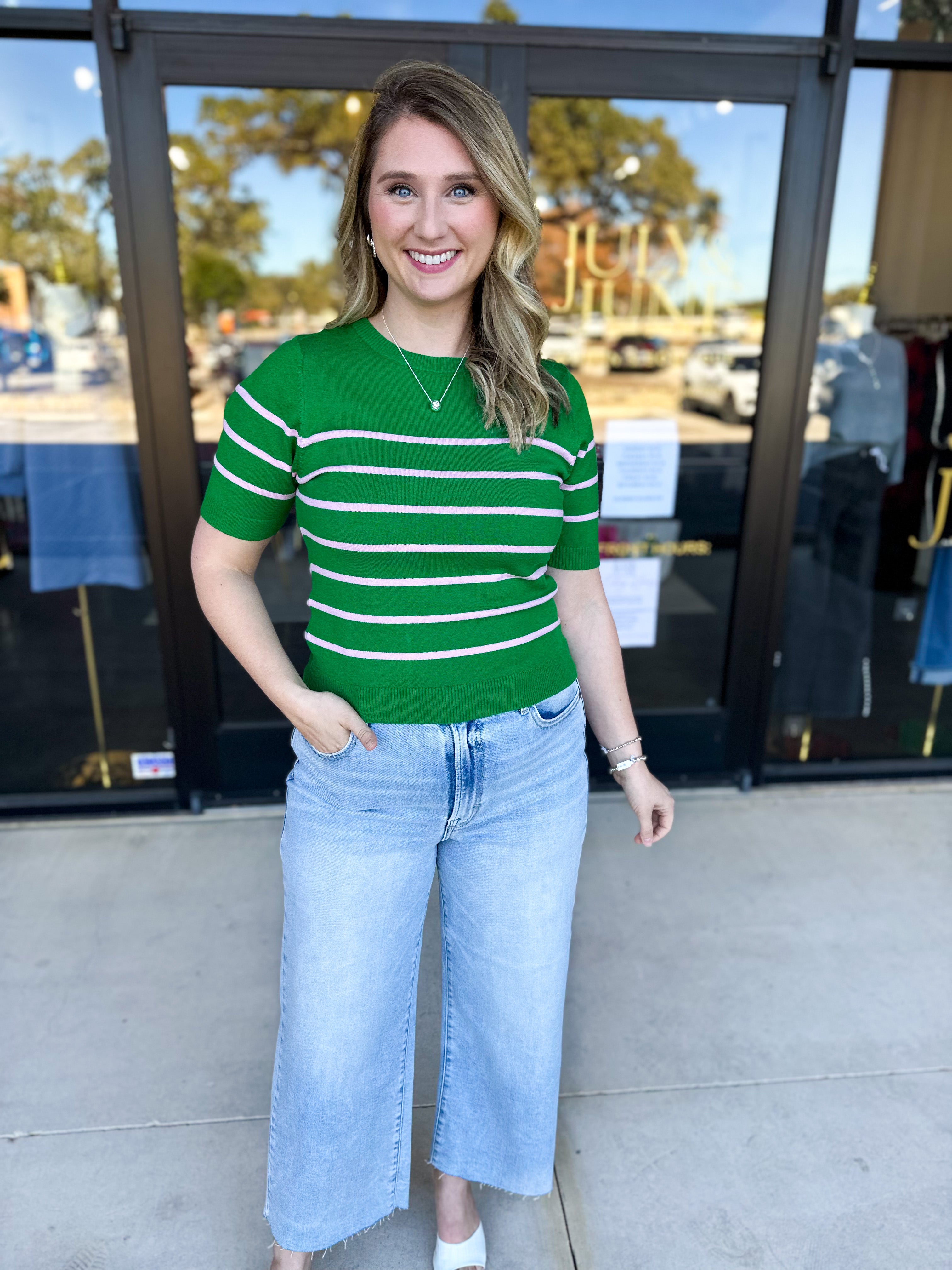 Short Sleeve Stripped Sweater Top - Kelly Green & Pink-230 Sweaters/Cardis-ALLIE ROSE-July & June Women's Fashion Boutique Located in San Antonio, Texas