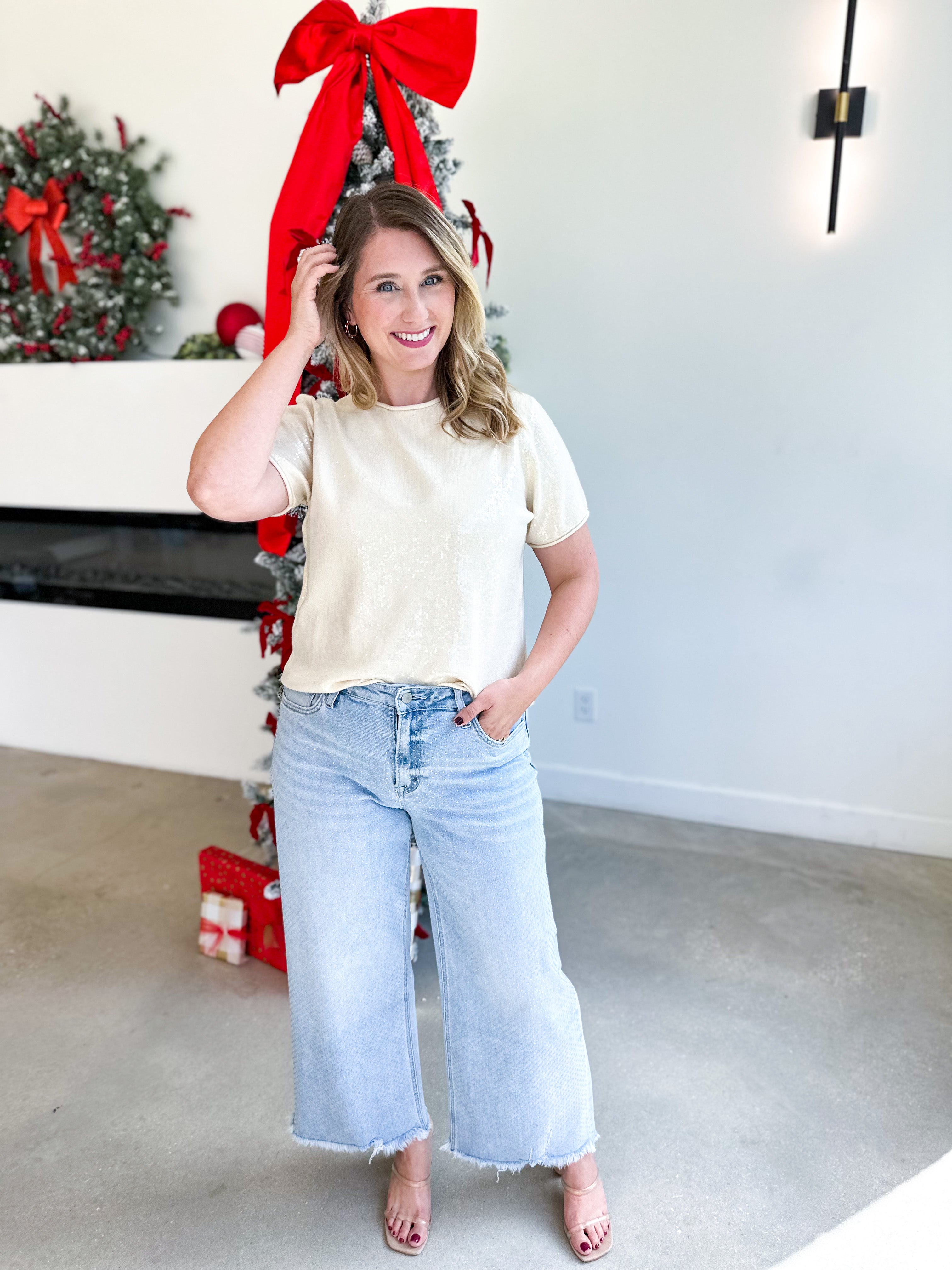 Holiday Party Sweater Top - Cream-200 Fashion Blouses-JODIFL-July & June Women's Fashion Boutique Located in San Antonio, Texas