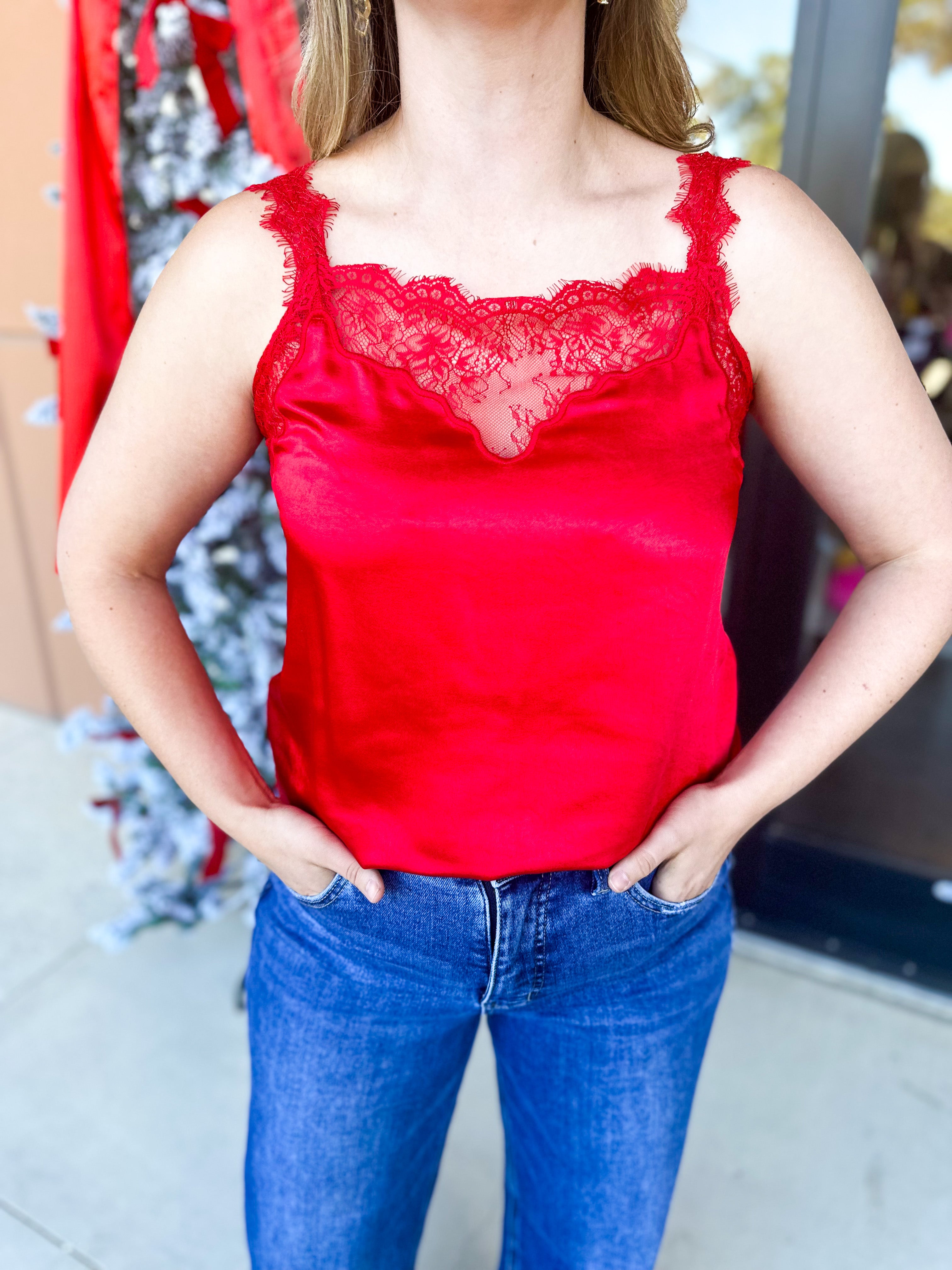 Satin Chic Cami - Red-200 Fashion Blouses-SKIES ARE BLUE-July & June Women's Fashion Boutique Located in San Antonio, Texas