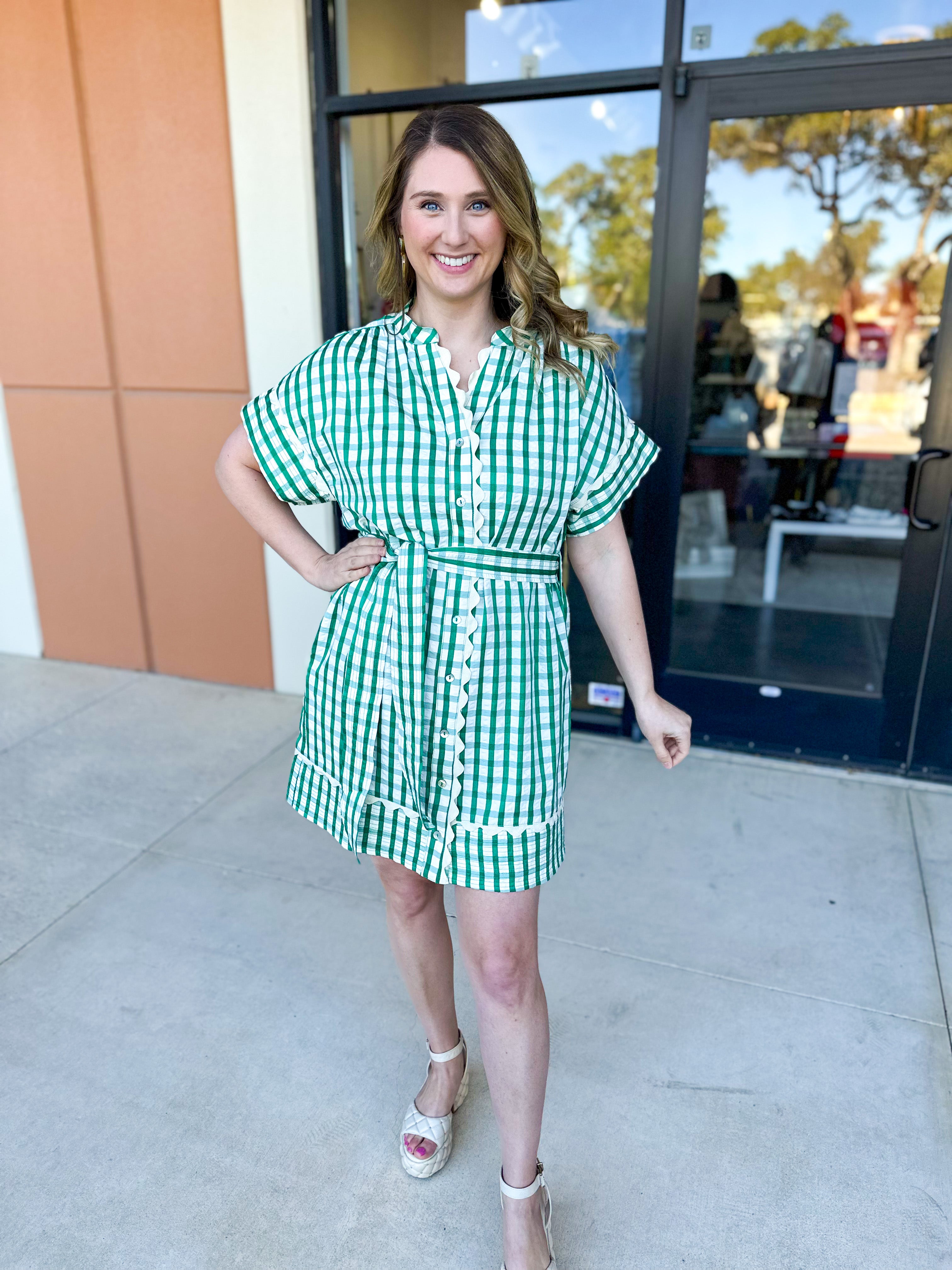 THML - Kelly Green Gingham Mini Dress-510 Mini-THML-July & June Women's Fashion Boutique Located in San Antonio, Texas