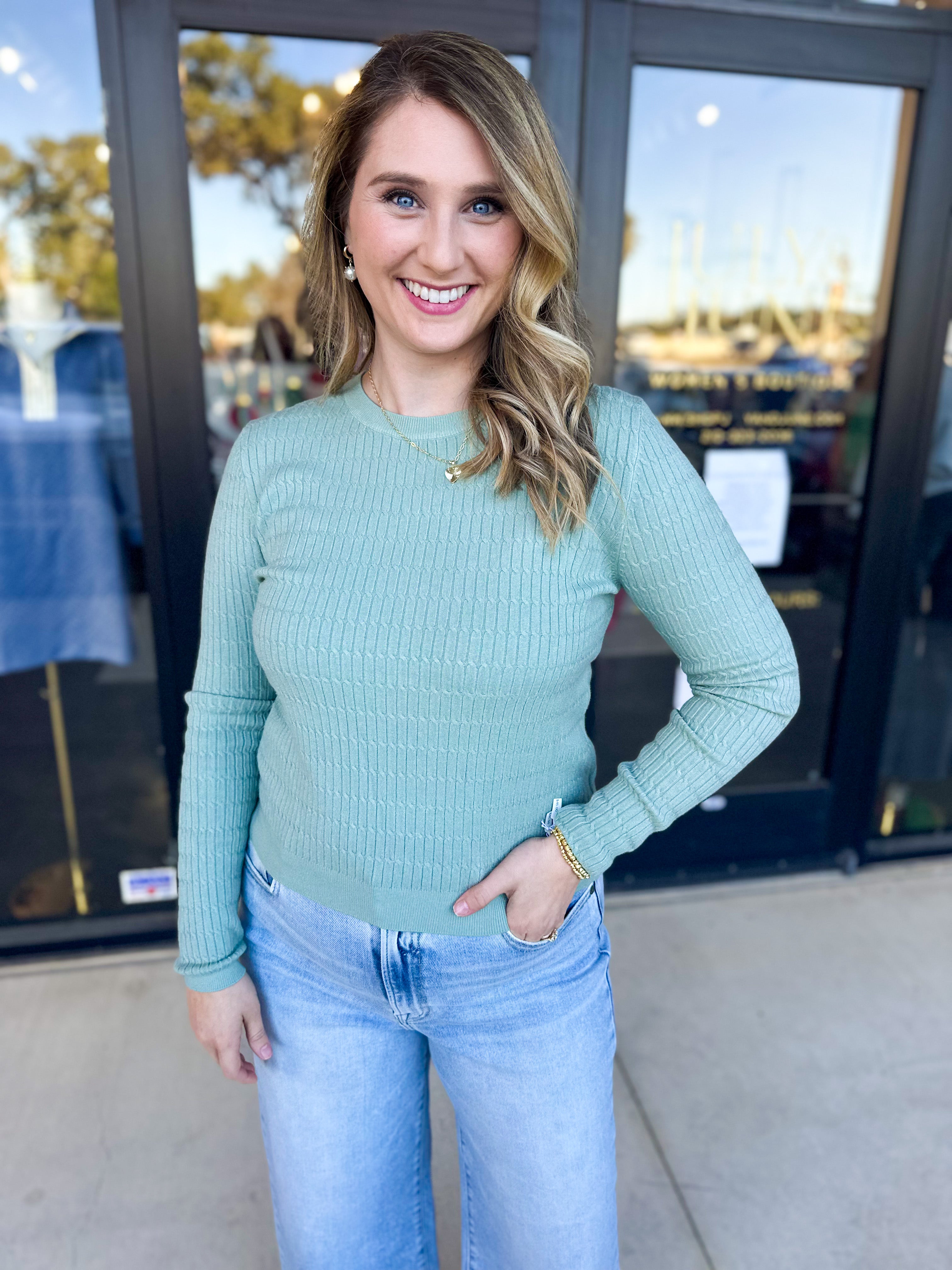 Tailored Cable Knit Sweater Top - Sage-230 Sweaters/Cardis-ALLIE ROSE-July & June Women's Fashion Boutique Located in San Antonio, Texas