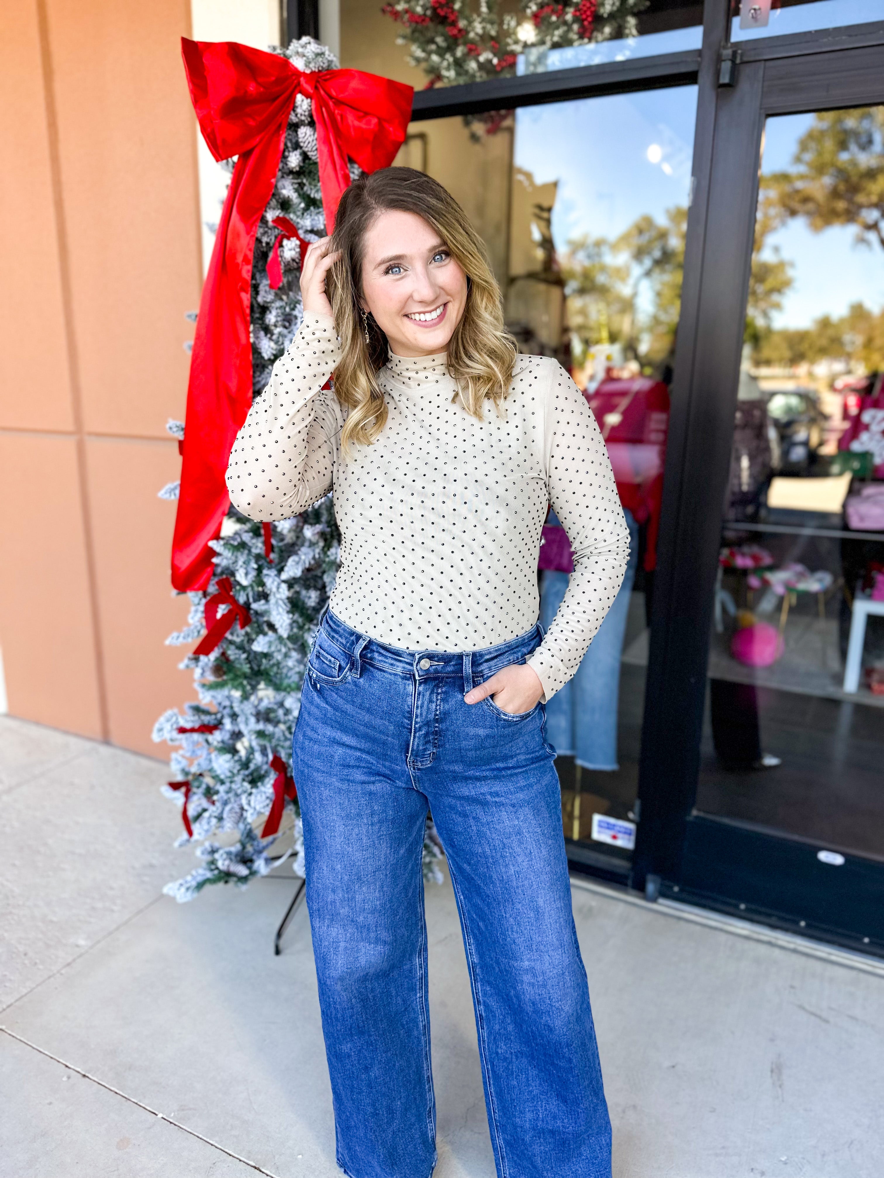 Sheer Rhinestone Long Sleeve Top - Champagne-200 Fashion Blouses-SKIES ARE BLUE-July & June Women's Fashion Boutique Located in San Antonio, Texas