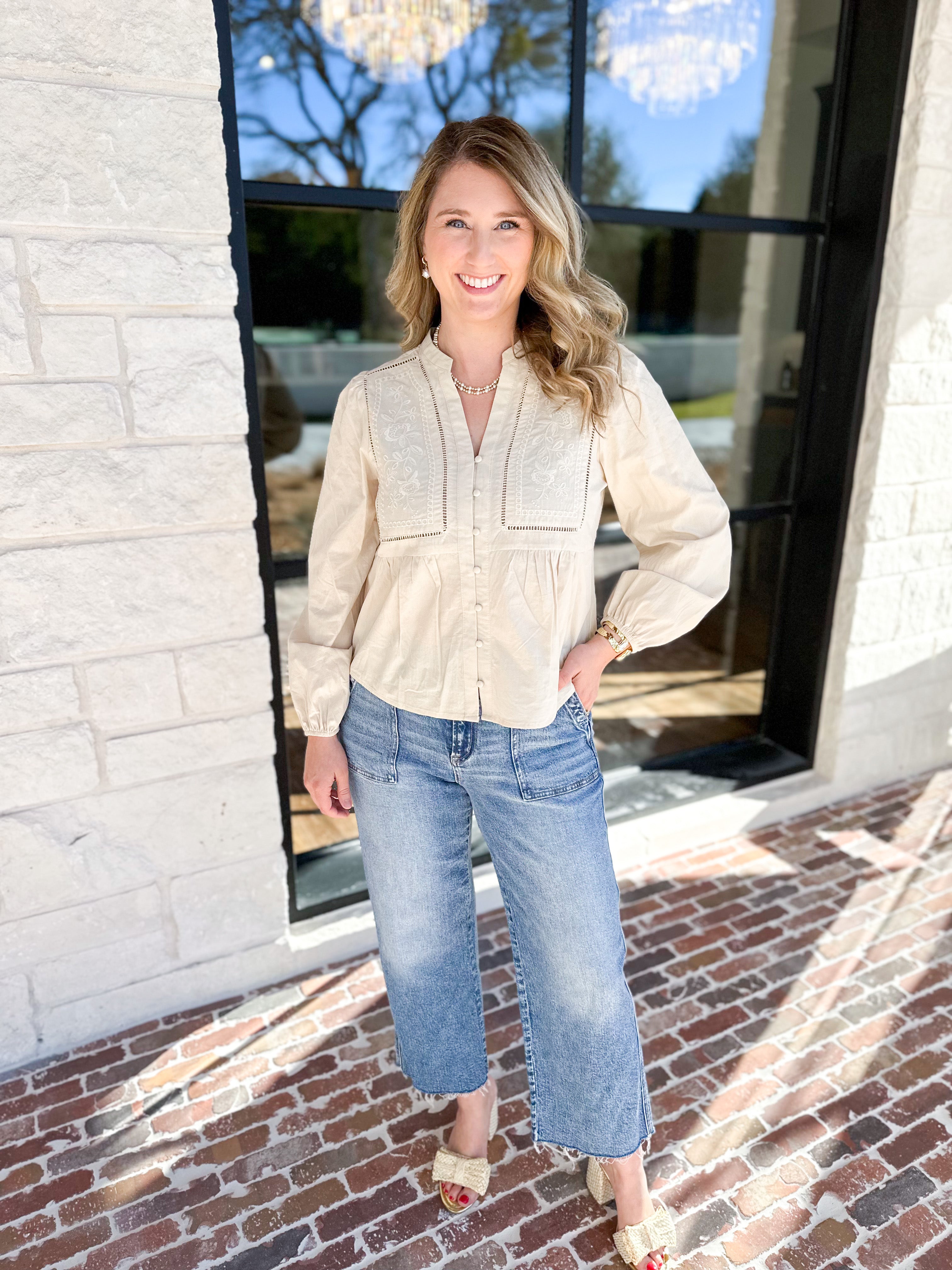 Cream Embroidered Peasant Blouse-200 Fashion Blouses-ABLE-July & June Women's Fashion Boutique Located in San Antonio, Texas