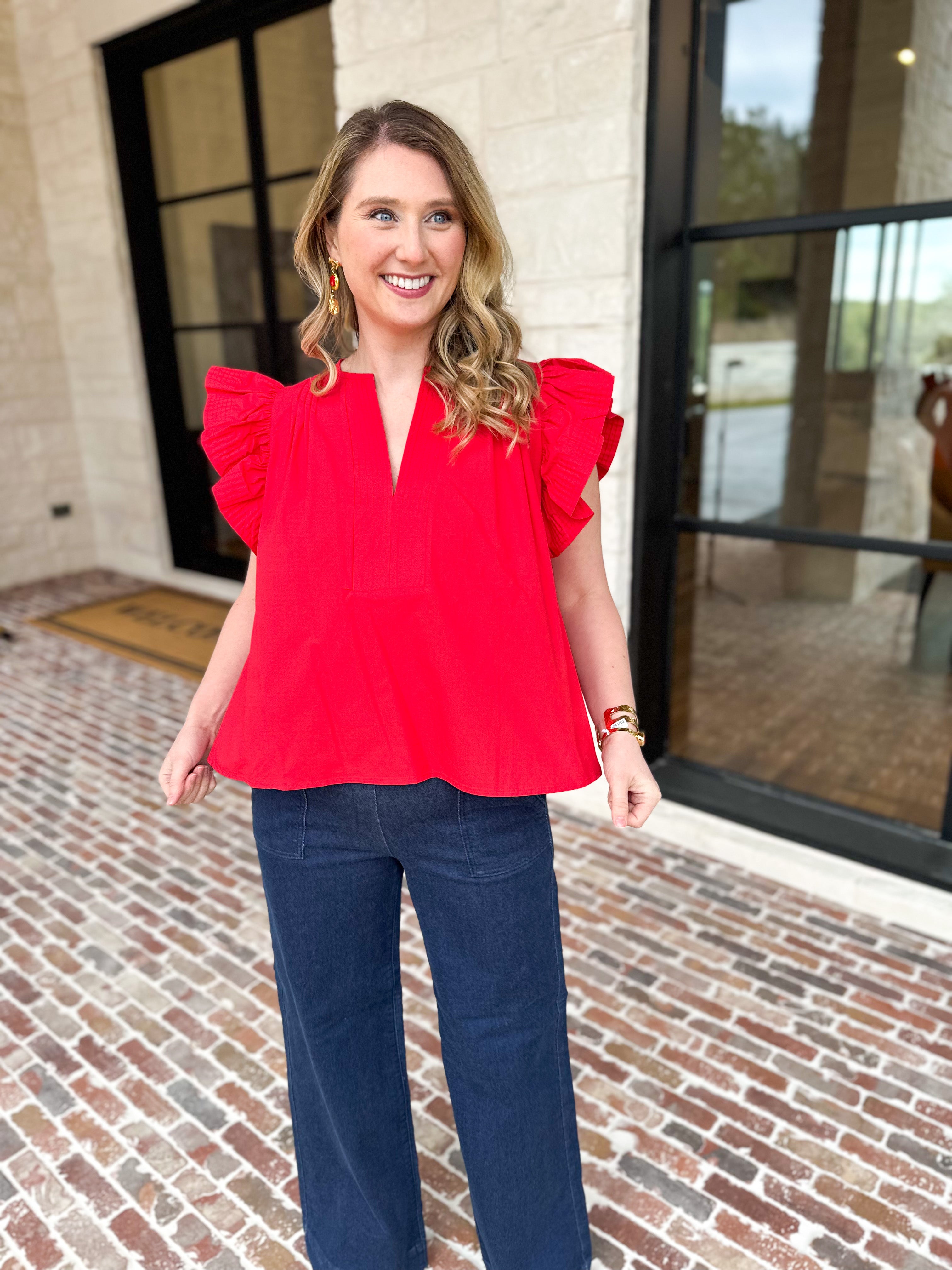 Flutter Sleeve Poplin Blouse - Red-200 Fashion Blouses-STRUT & BOLT-July & June Women's Fashion Boutique Located in San Antonio, Texas