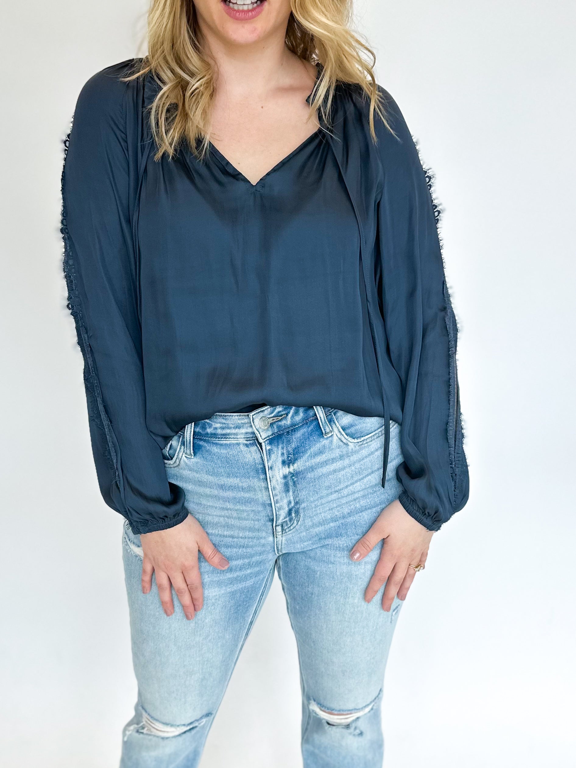 Lacey Details Blouse - True Blue-200 Fashion Blouses-CURRENT AIR CLOTHING-July & June Women's Fashion Boutique Located in San Antonio, Texas