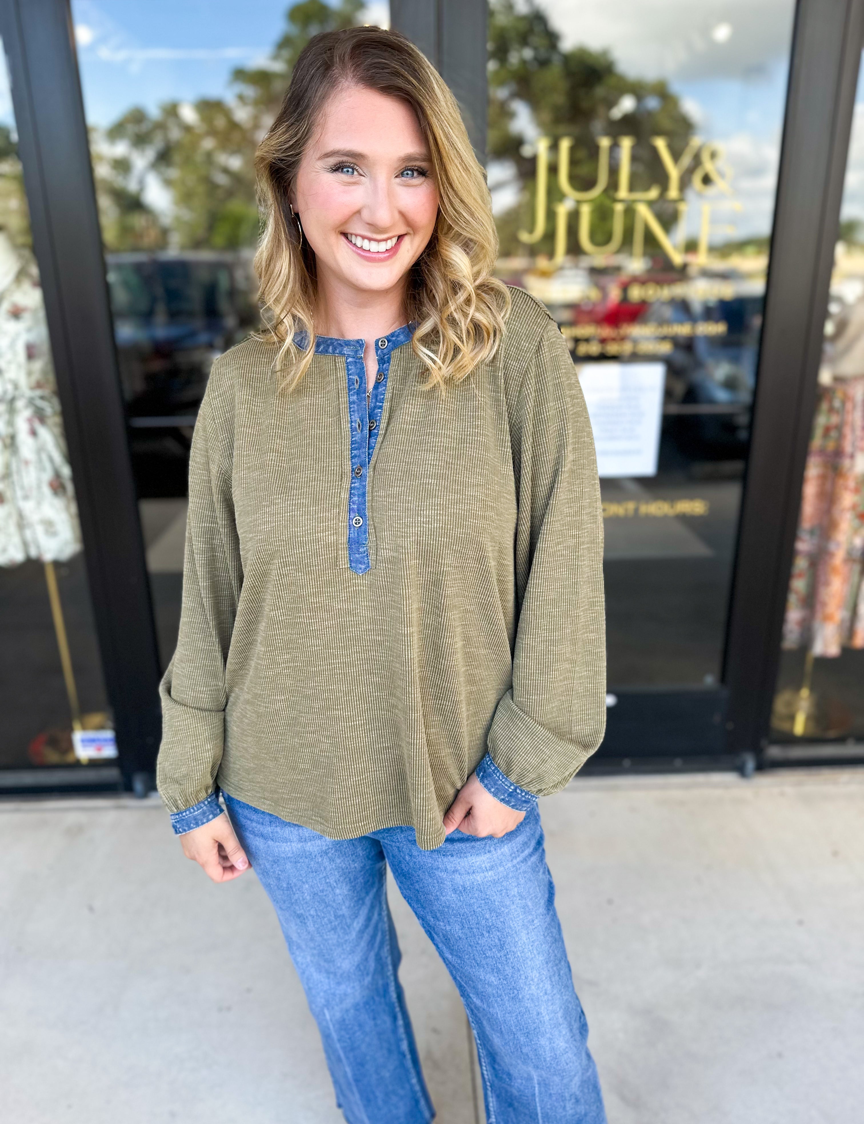 Olive & Denim Details Long Sleeve Top-210 Casual Blouses-JODIFL-July & June Women's Fashion Boutique Located in San Antonio, Texas