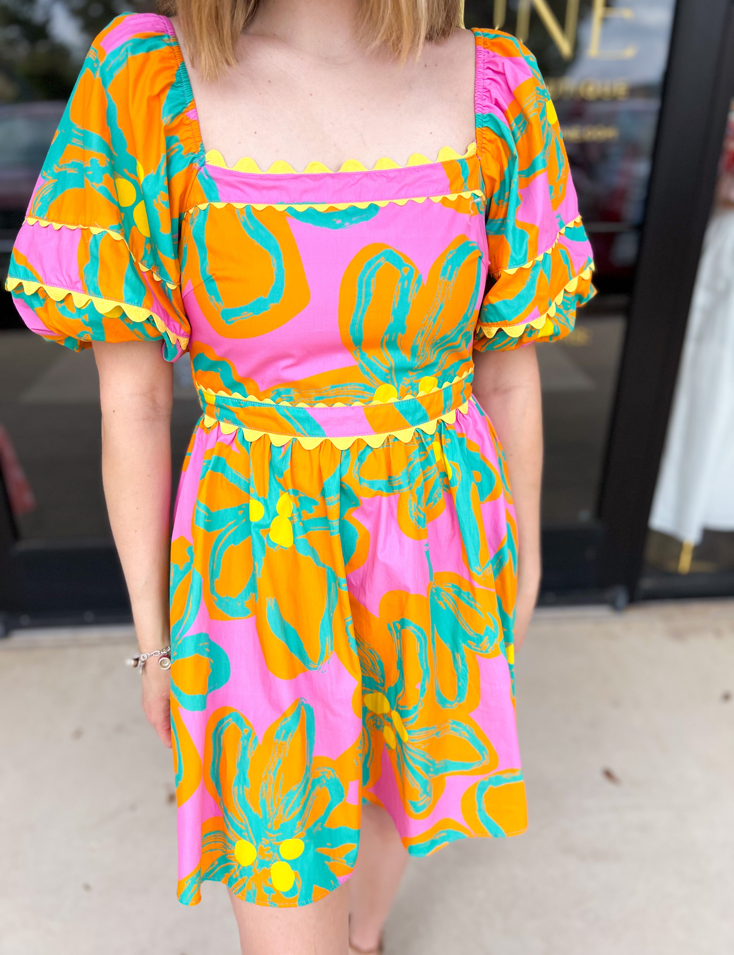 Bold Print Pink & Orange Mini Dress-510 Mini-PEACH LOVE-July & June Women's Fashion Boutique Located in San Antonio, Texas