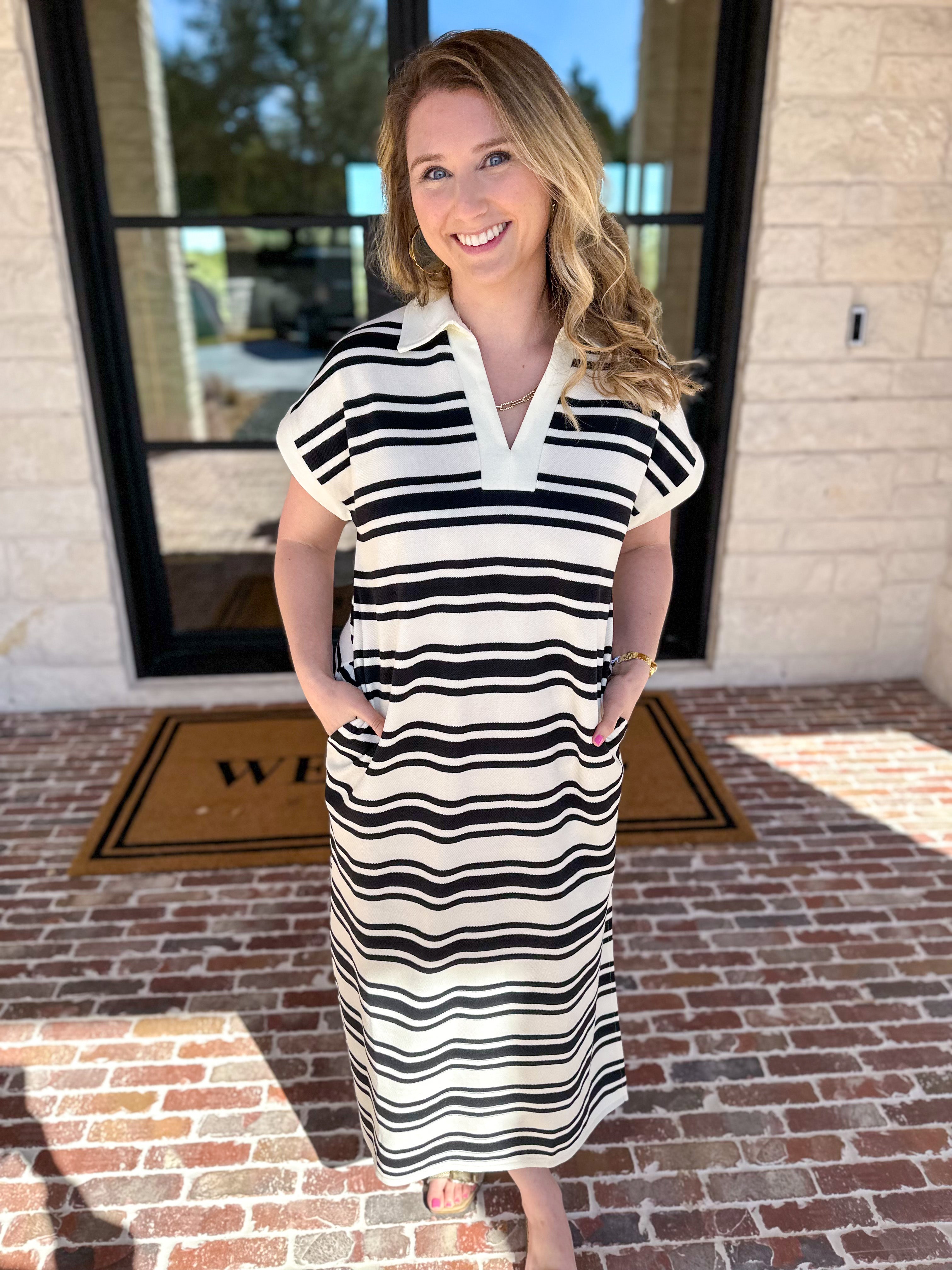Casual Striped Midi Dress - Black-500 Midi-ENTRO-July & June Women's Fashion Boutique Located in San Antonio, Texas