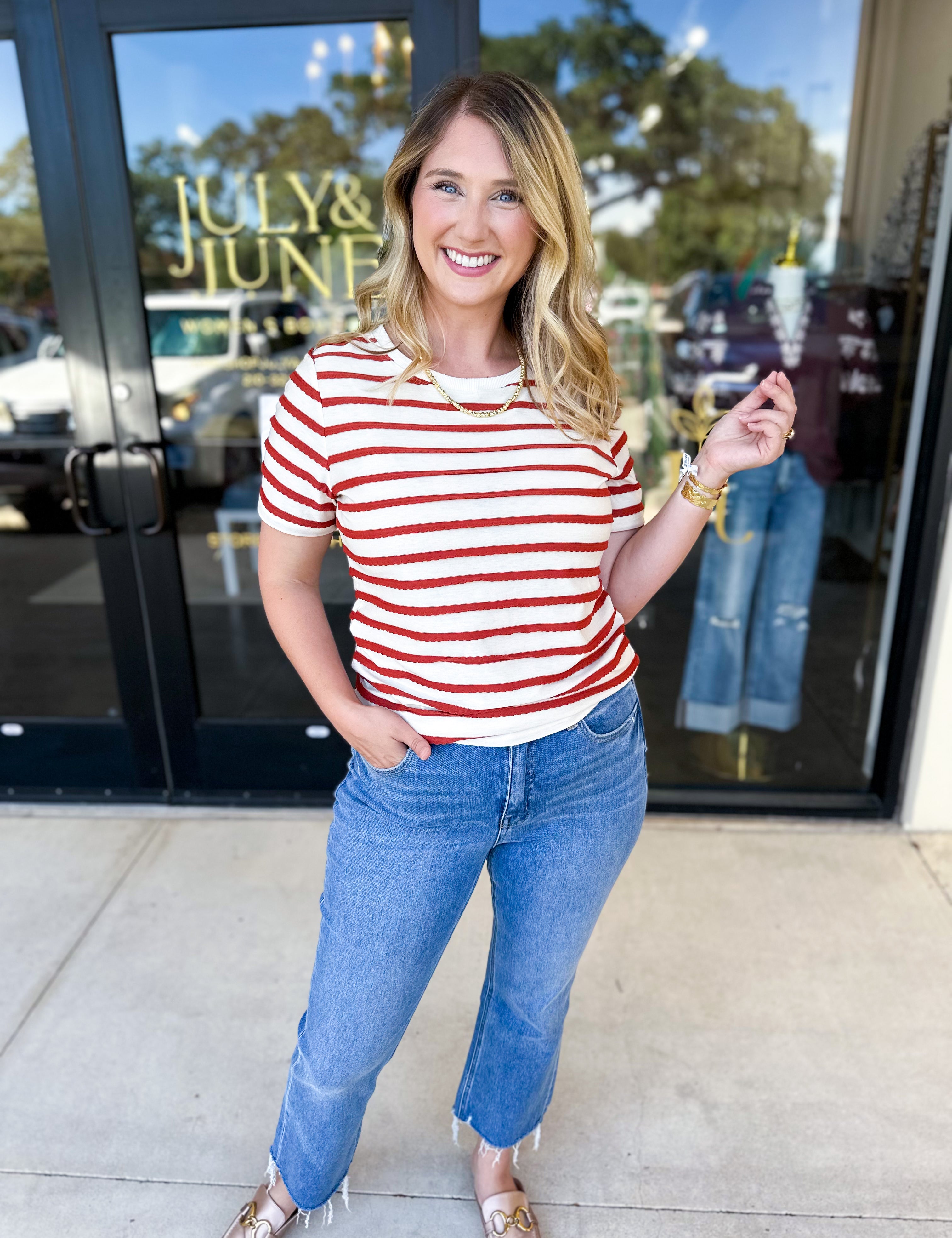 Striped Round Neck Tee - Rust-210 Casual Blouses-POLOGRAM-July & June Women's Fashion Boutique Located in San Antonio, Texas